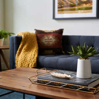 A close up of a wood coffee table and a deep blue couch with a yellow throw