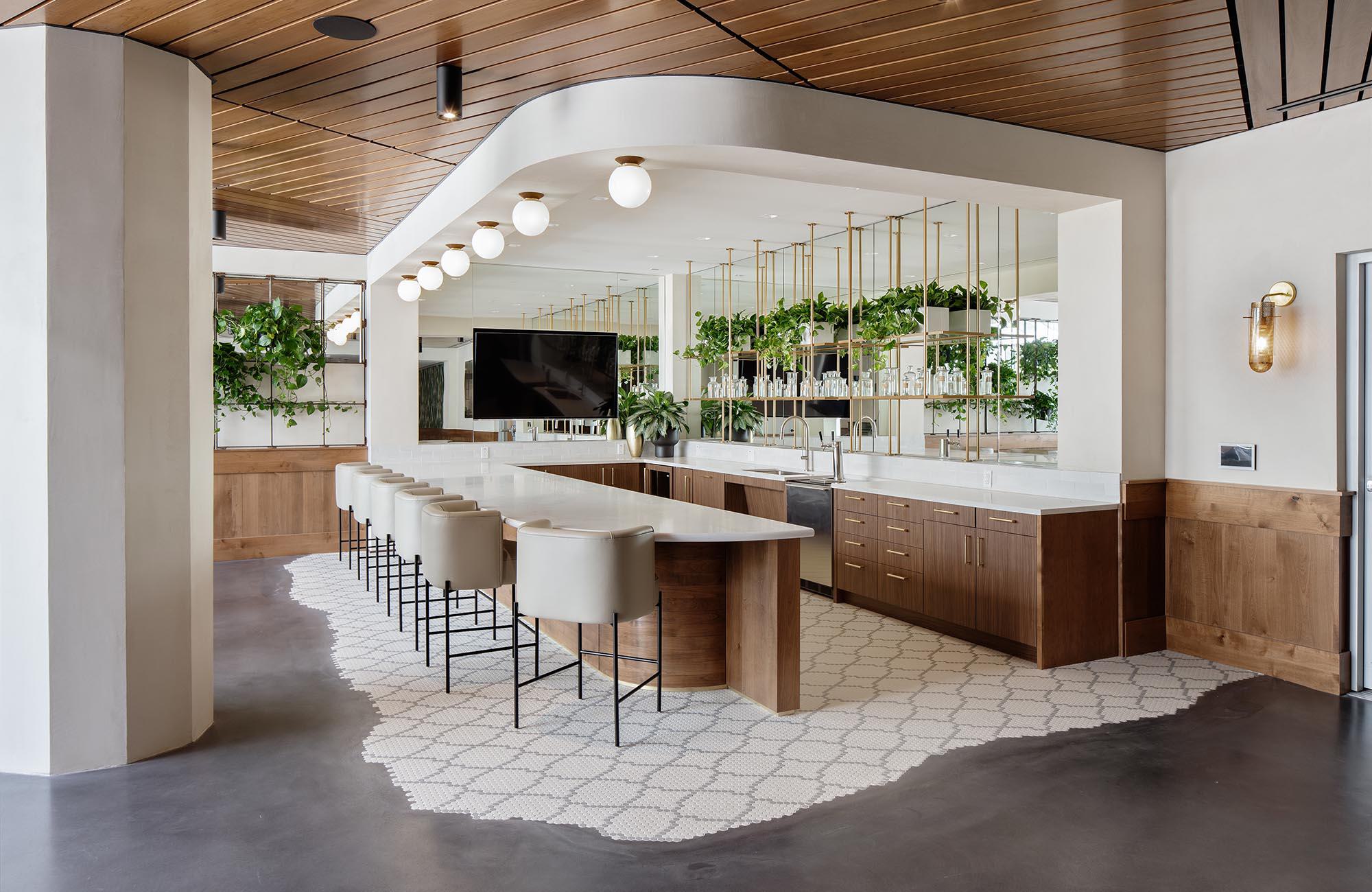 Amenity dining space with large bar and seating area and built-in TV