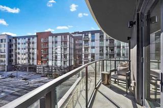 A balcony at one of our two-bedroom apartments looking over Gantry plaza in Downtown Stamford.