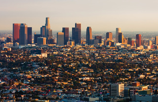 Skyline view of downtown Los Angeles at dawn