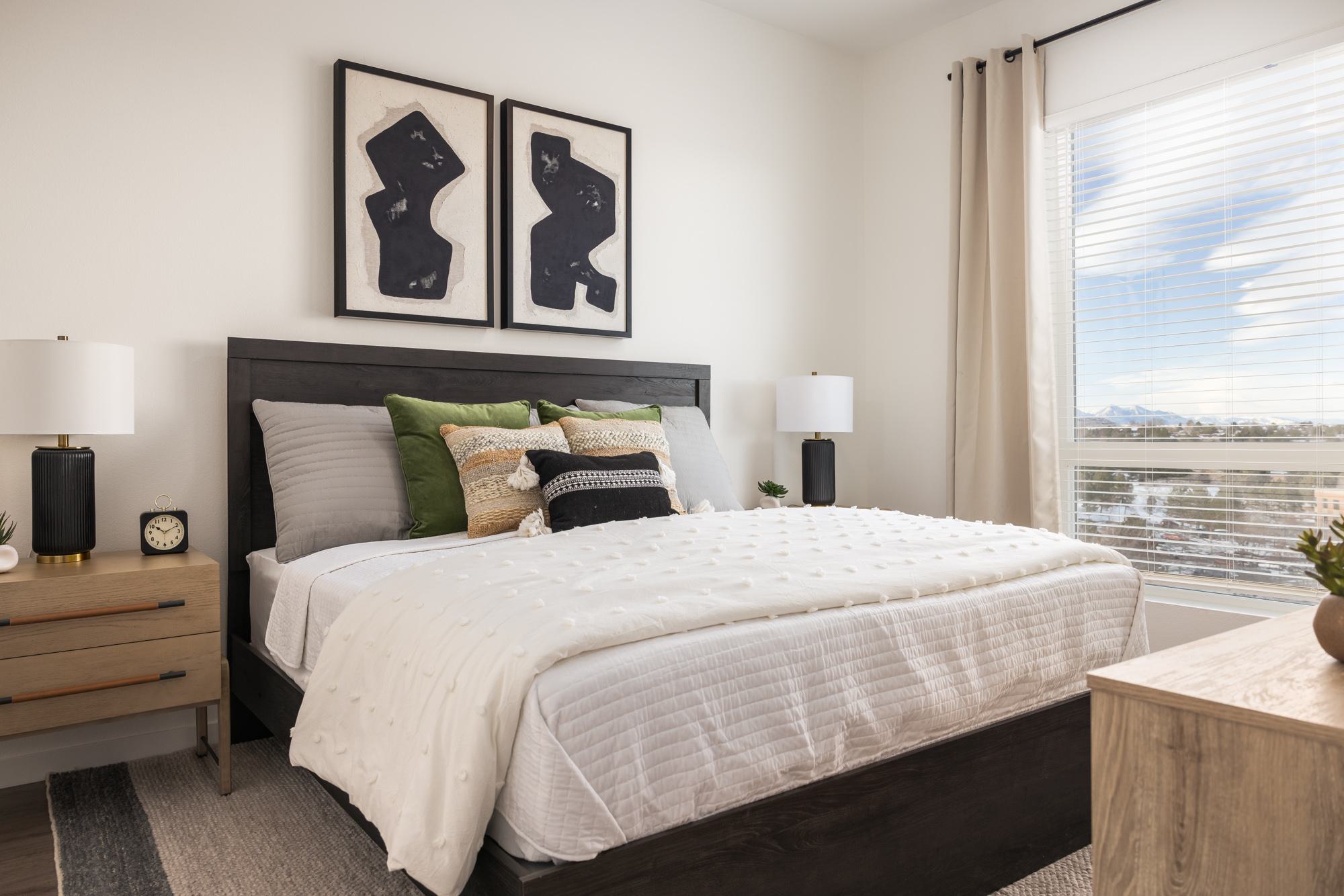 Bedroom with king bed and view of mountains