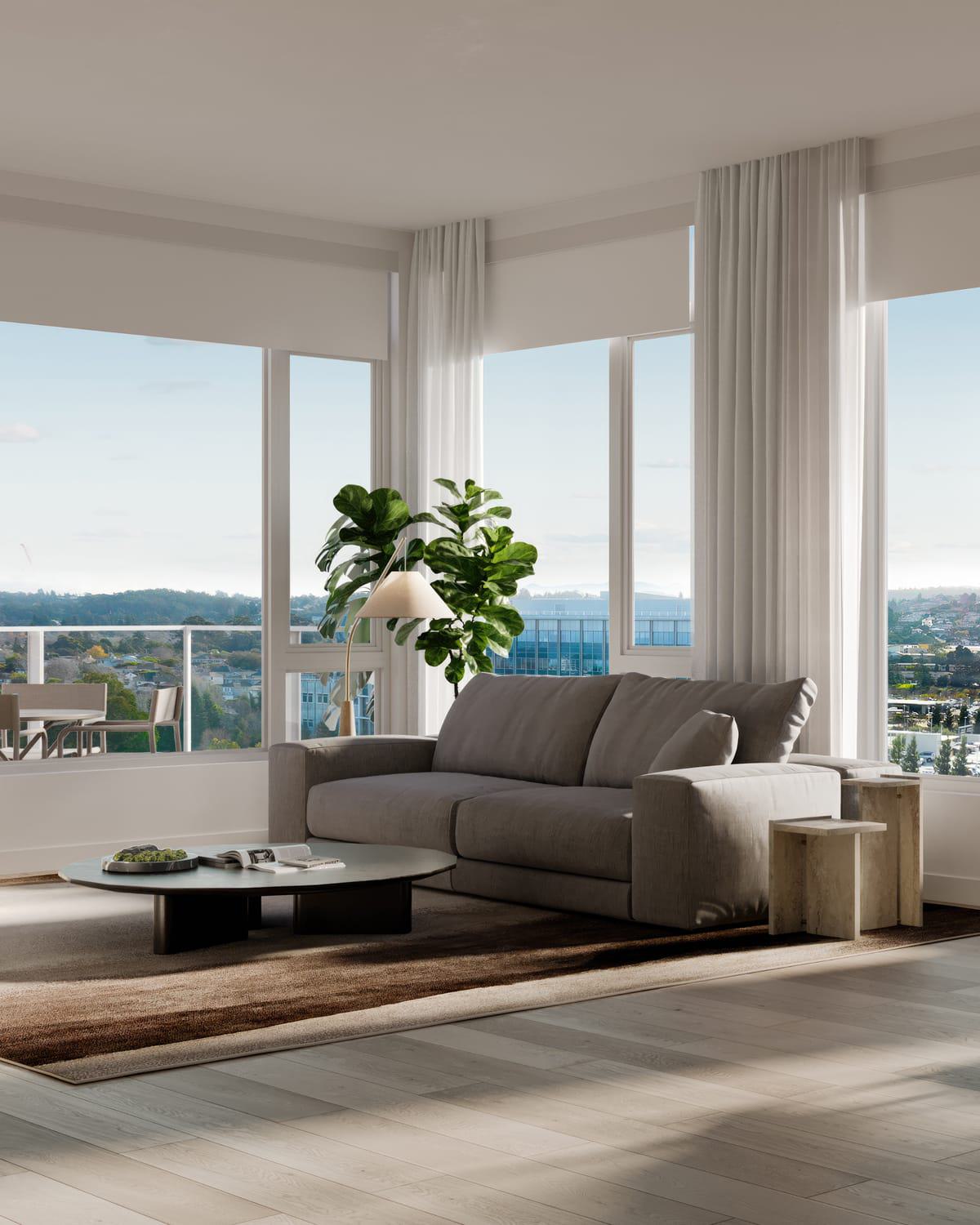 A light-filled living room with floor-to-ceiling windows offers sweeping views of Burlingame’s treetops, mid-rise buildings, and distant wooded hills. The vantage point captures a mix of residential greenery and the Bay Area’s suburban charm, extending toward the Santa Cruz Mountains.