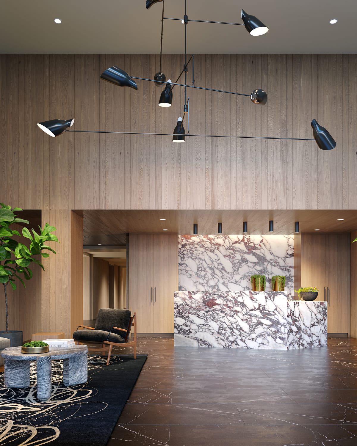 Sophisticated lobby with warm wood paneling, striking marble reception desk, modern lighting, and plush seating framed by tall potted plants.