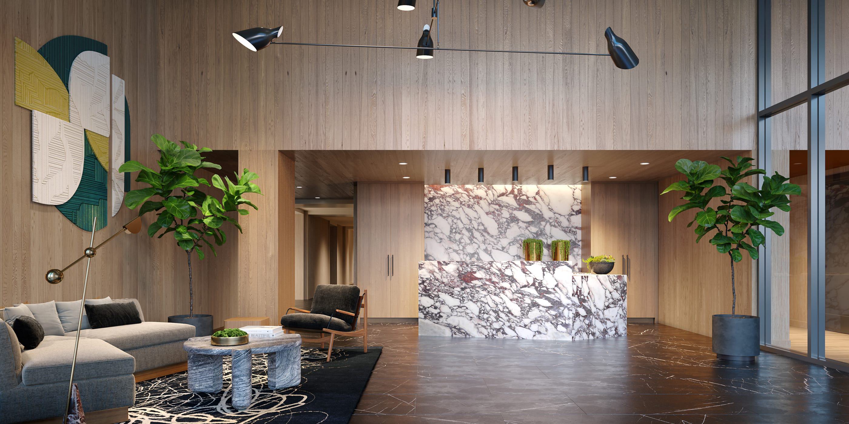 Sophisticated lobby with warm wood paneling, striking marble reception desk, modern lighting, and plush seating framed by tall potted plants.