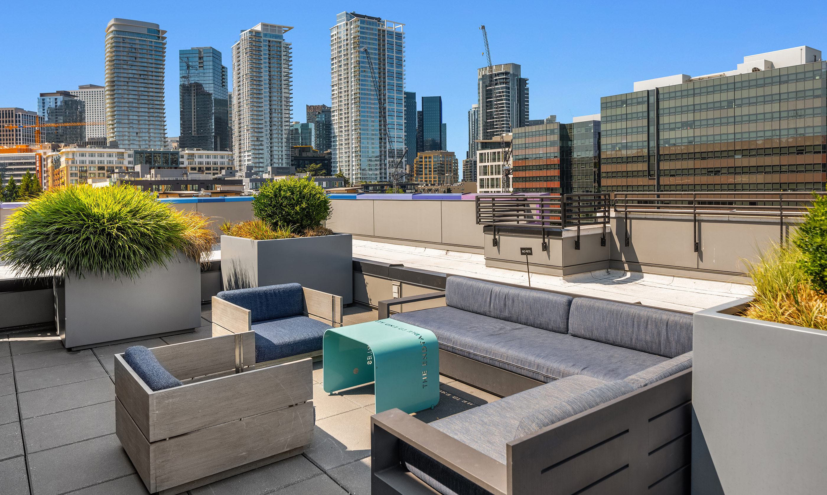 Rooftop terrace at Chroma in SLU Seattle featuring modern outdoor seating, large planters with ornamental grasses, and views of the downtown skyline under a clear blue sky.