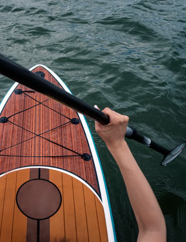 Close-up image of woman on a standup paddle board.