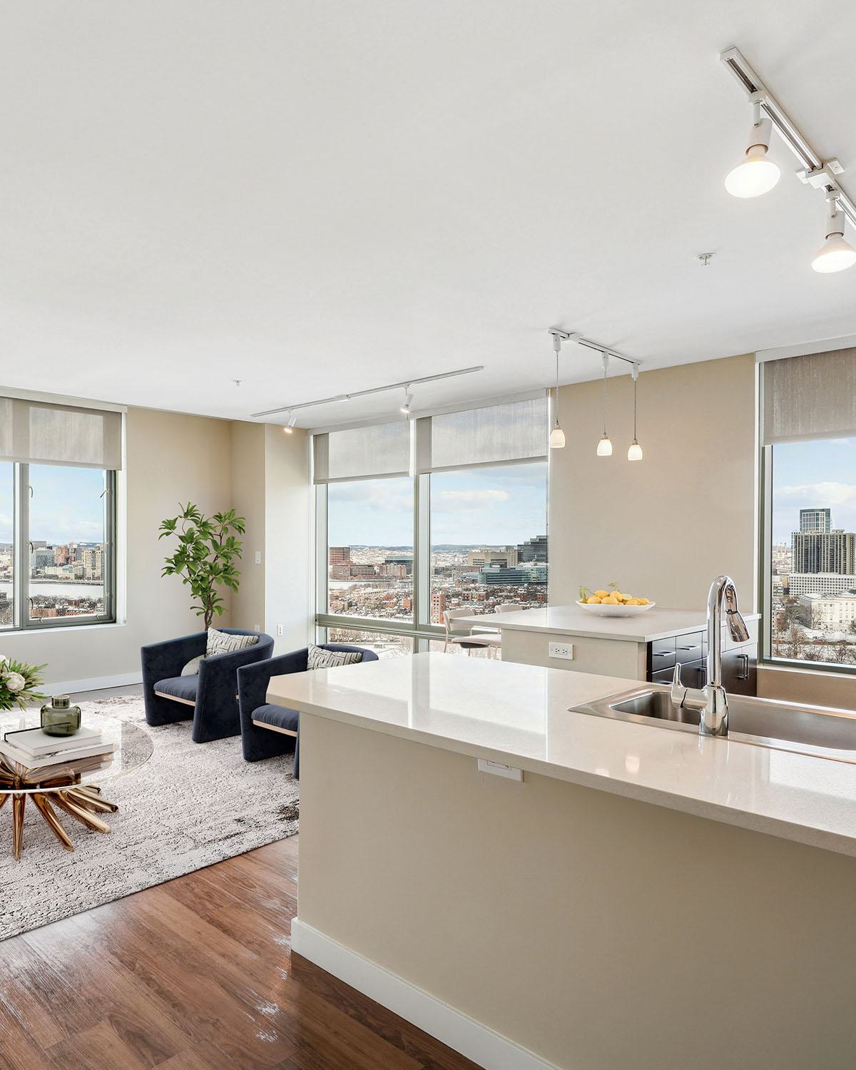 Portrait style image showing an apartment at Luka on the Common that overlooks Boston Common and the state house.