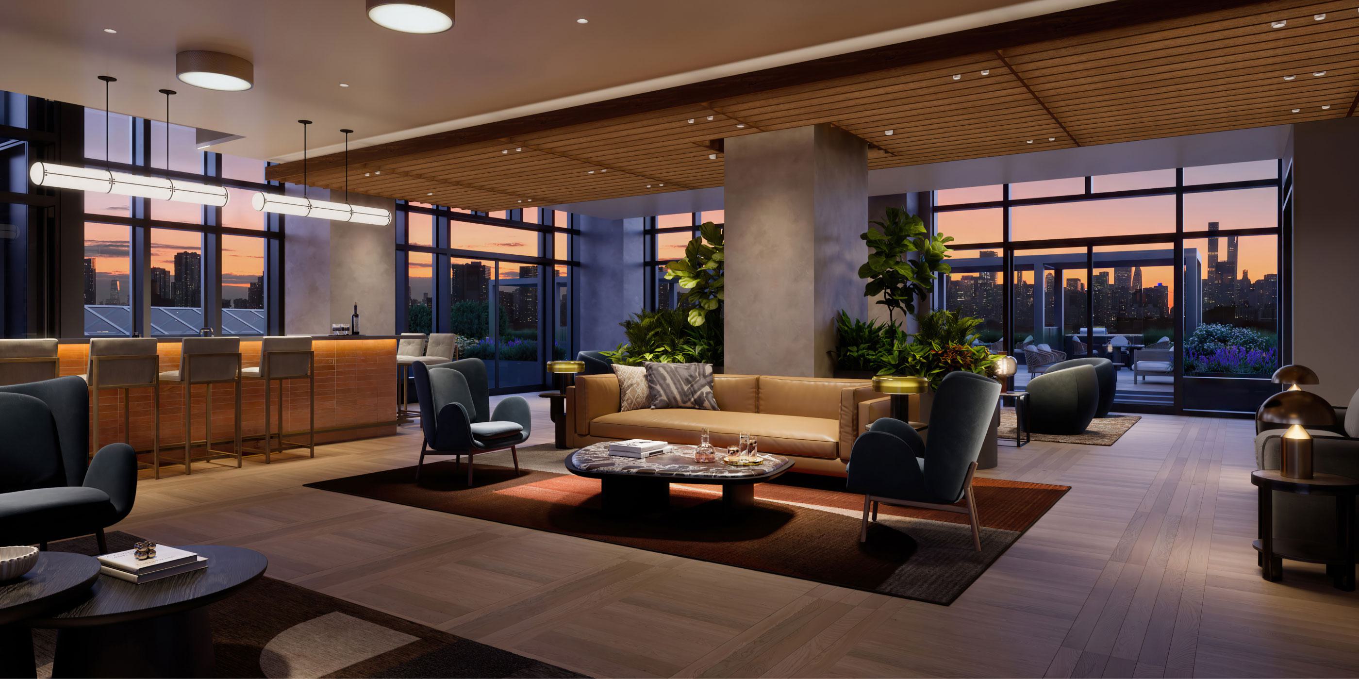 sophisticated lounge with warm lighting, plush seating, and floor-to-ceiling windows offers a stylish and inviting space to relax while overlooking a stunning city skyline at dusk.