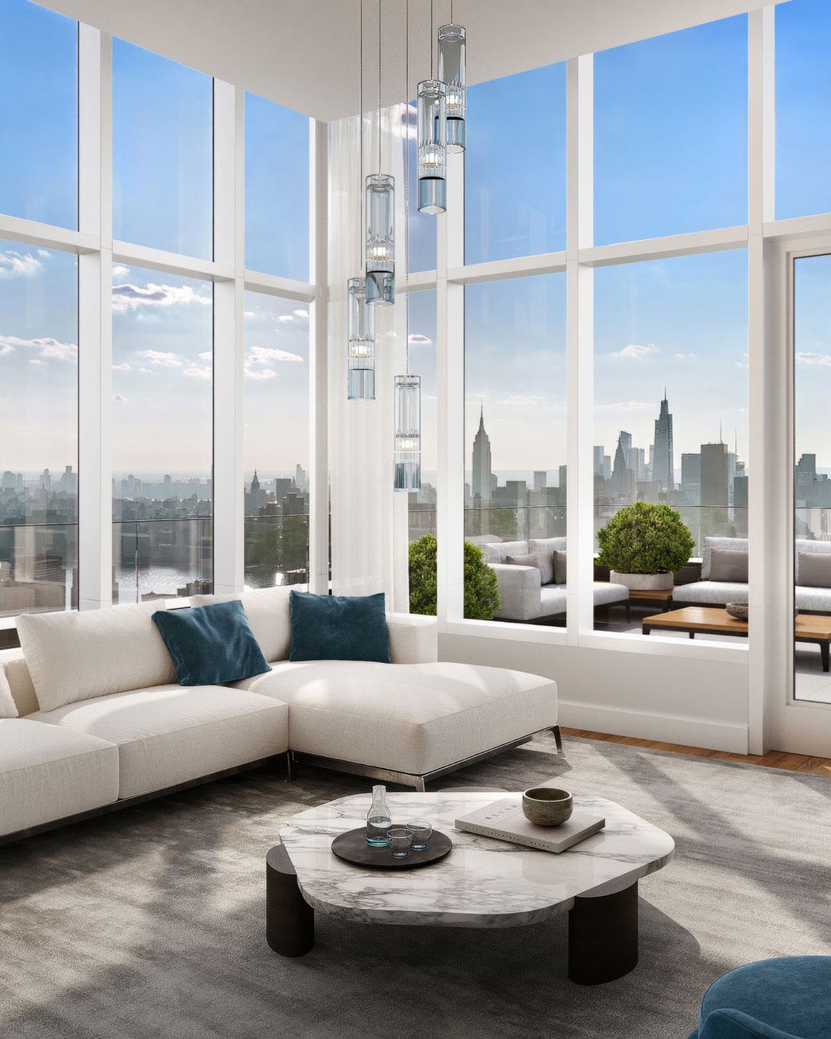 This luxurious Long Island City apartment features floor-to-ceiling windows with a stunning Manhattan skyline view, a contemporary interior with a neutral-toned sectional sofa, plush blue pillows, a sculptural marble coffee table, elegant cylindrical glass pendant lights, and an outdoor terrace with modern seating and lush greenery