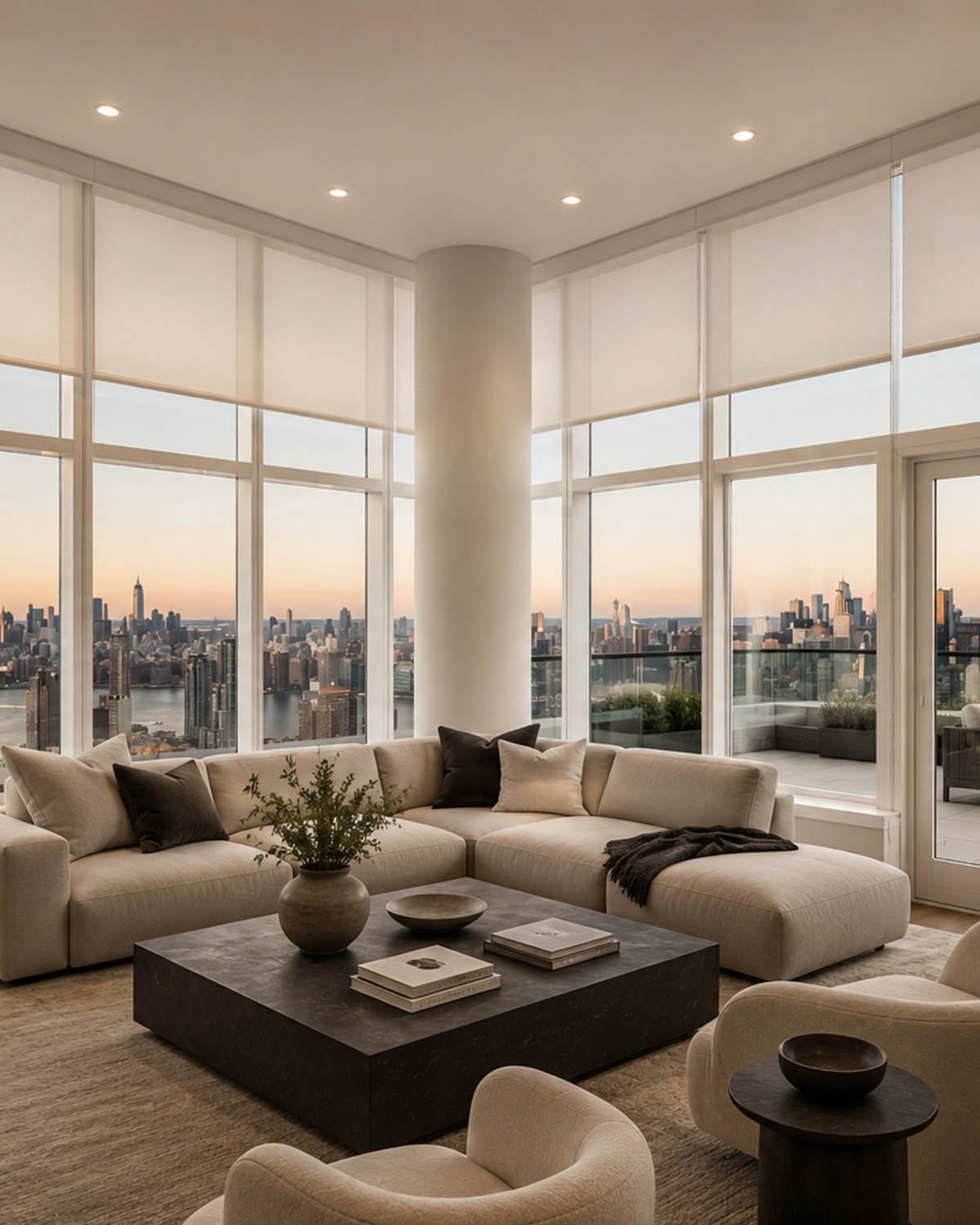 This luxurious Long Island City apartment features floor-to-ceiling windows with a stunning Manhattan skyline view, a contemporary interior with a neutral-toned sectional sofa, plush blue pillows, a sculptural marble coffee table, elegant cylindrical glass pendant lights, and an outdoor terrace with modern seating and lush greenery