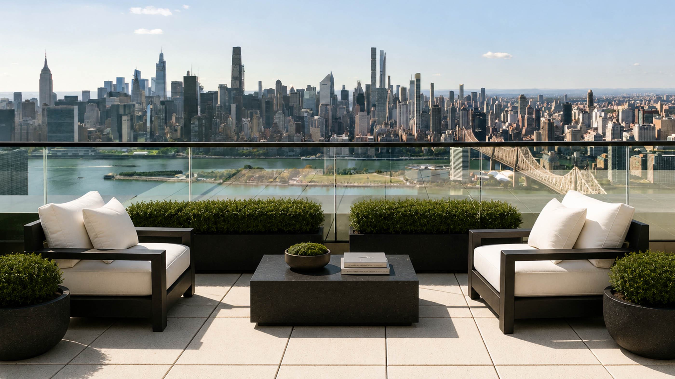 Long Island City penthouse apartment features floor-to-ceiling windows with a stunning Manhattan skyline view, a contemporary interior with a neutral-toned sectional sofa, plush blue pillows, a sculptural marble coffee table, elegant cylindrical glass pendant lights, and an outdoor terrace with modern seating and lush greenery that seamlessly extends the open, airy ambiance.