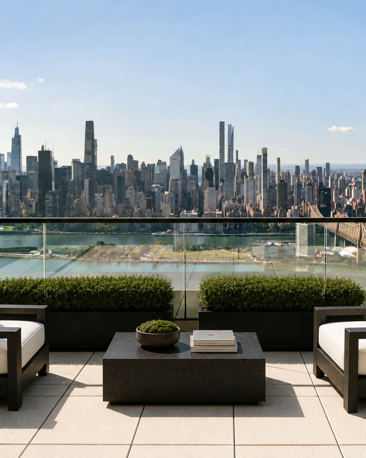 Long Island City apartment features floor-to-ceiling windows with a stunning Manhattan skyline view, a contemporary interior with a neutral-toned sectional sofa, plush blue pillows, a sculptural marble coffee table, elegant cylindrical glass pendant lights, and an outdoor terrace with modern seating and lush greenery that seamlessly extends the open, airy ambiance.