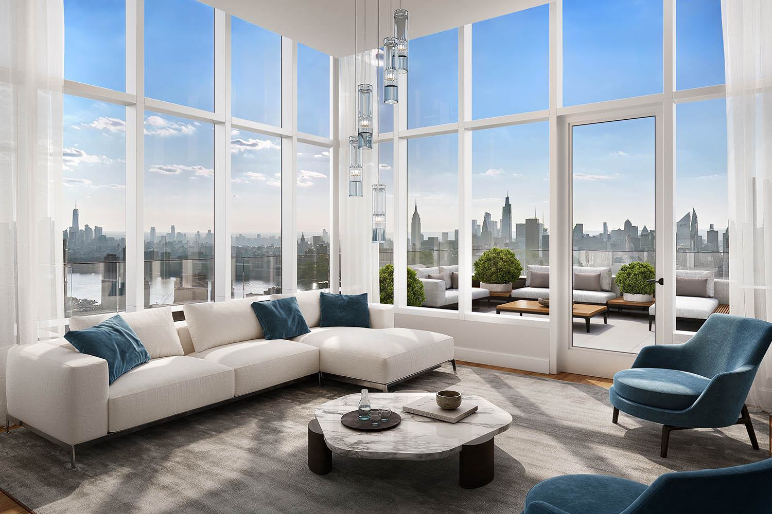 Long Island City penthouse apartment features floor-to-ceiling windows with a stunning Manhattan skyline view, a contemporary interior with a neutral-toned sectional sofa, plush blue pillows, a sculptural marble coffee table, elegant cylindrical glass pendant lights, and an outdoor terrace with modern seating and lush greenery that seamlessly extends the open, airy ambiance.