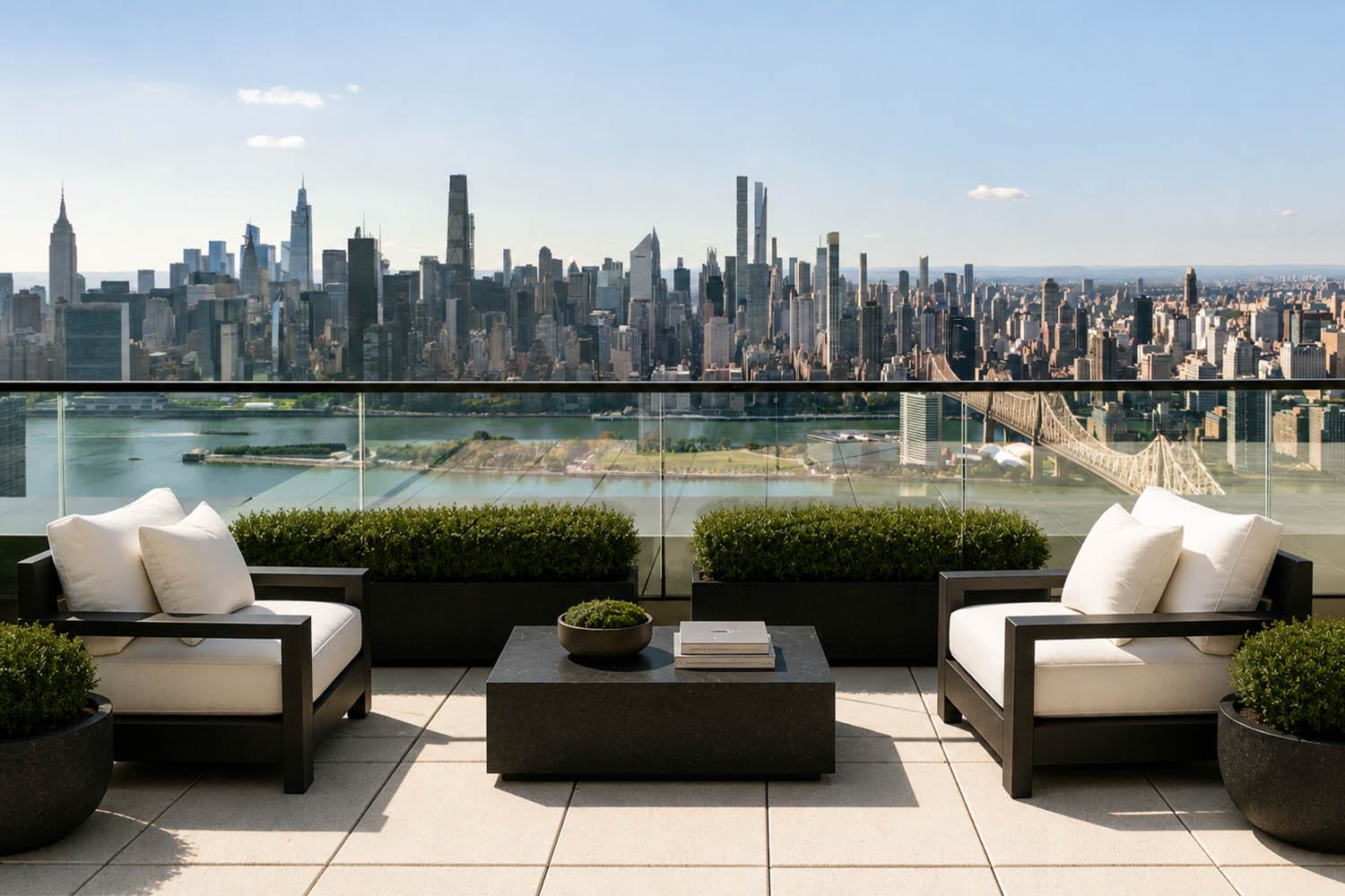 Long Island City penthouse apartment features floor-to-ceiling windows with a stunning Manhattan skyline view, a contemporary interior with a neutral-toned sectional sofa, plush blue pillows, a sculptural marble coffee table, elegant cylindrical glass pendant lights, and an outdoor terrace with modern seating and lush greenery that seamlessly extends the open, airy ambiance.