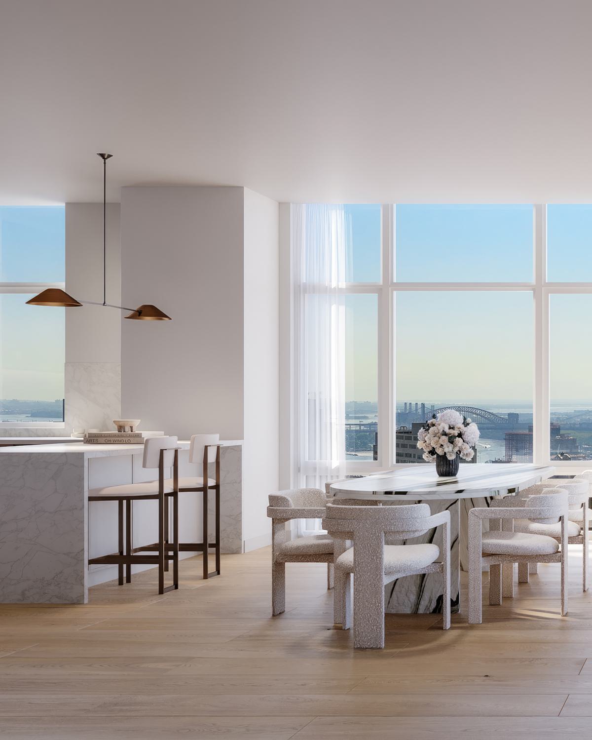 apartment living and dining area with high ceilings, great views, floor-to-ceiling windows, and elevated modern design