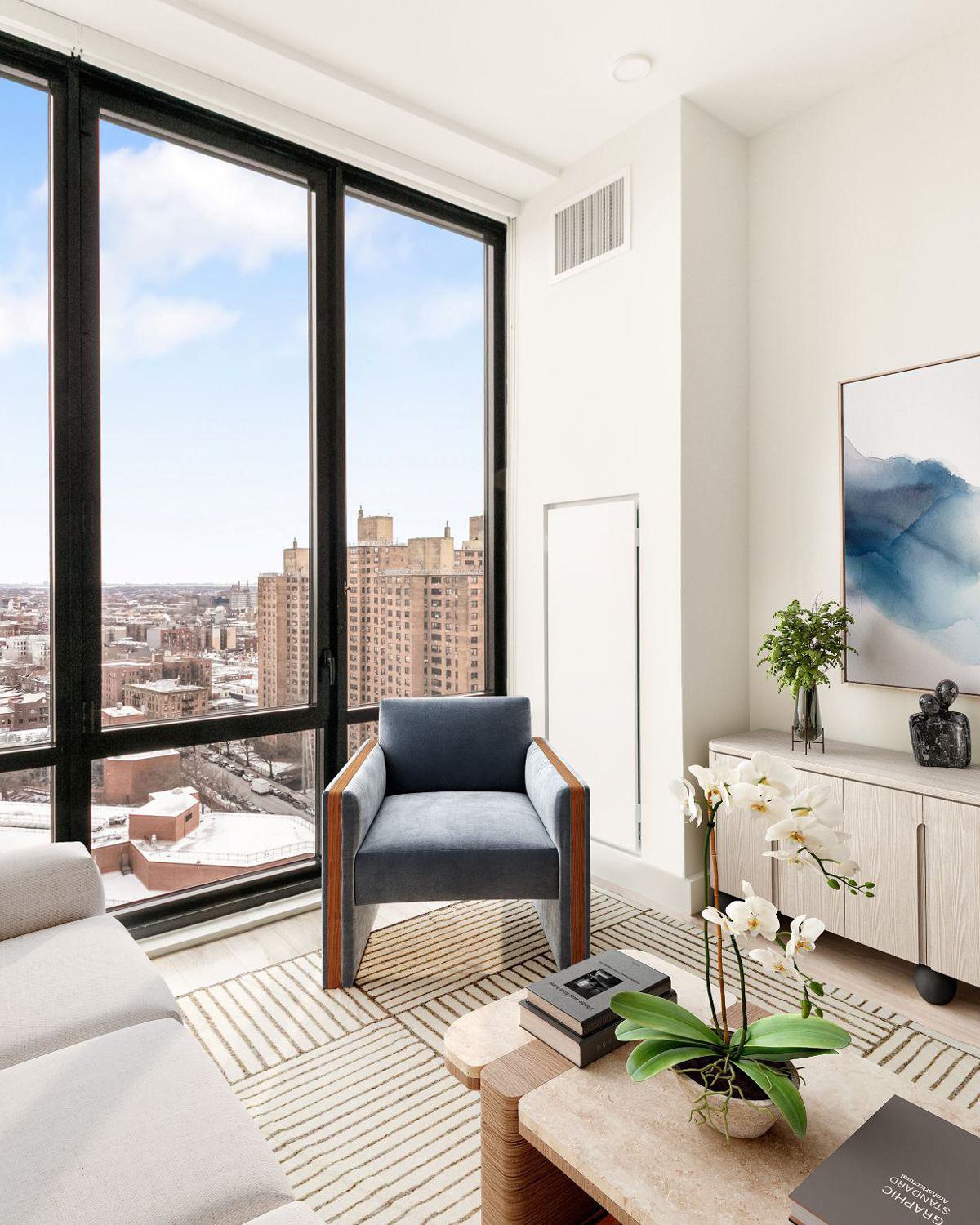 modern living room with floor-to-ceiling windows showcasing the Manhattan skyline at sunset, featuring warm neutral tones, minimalist furniture, and natural textures.