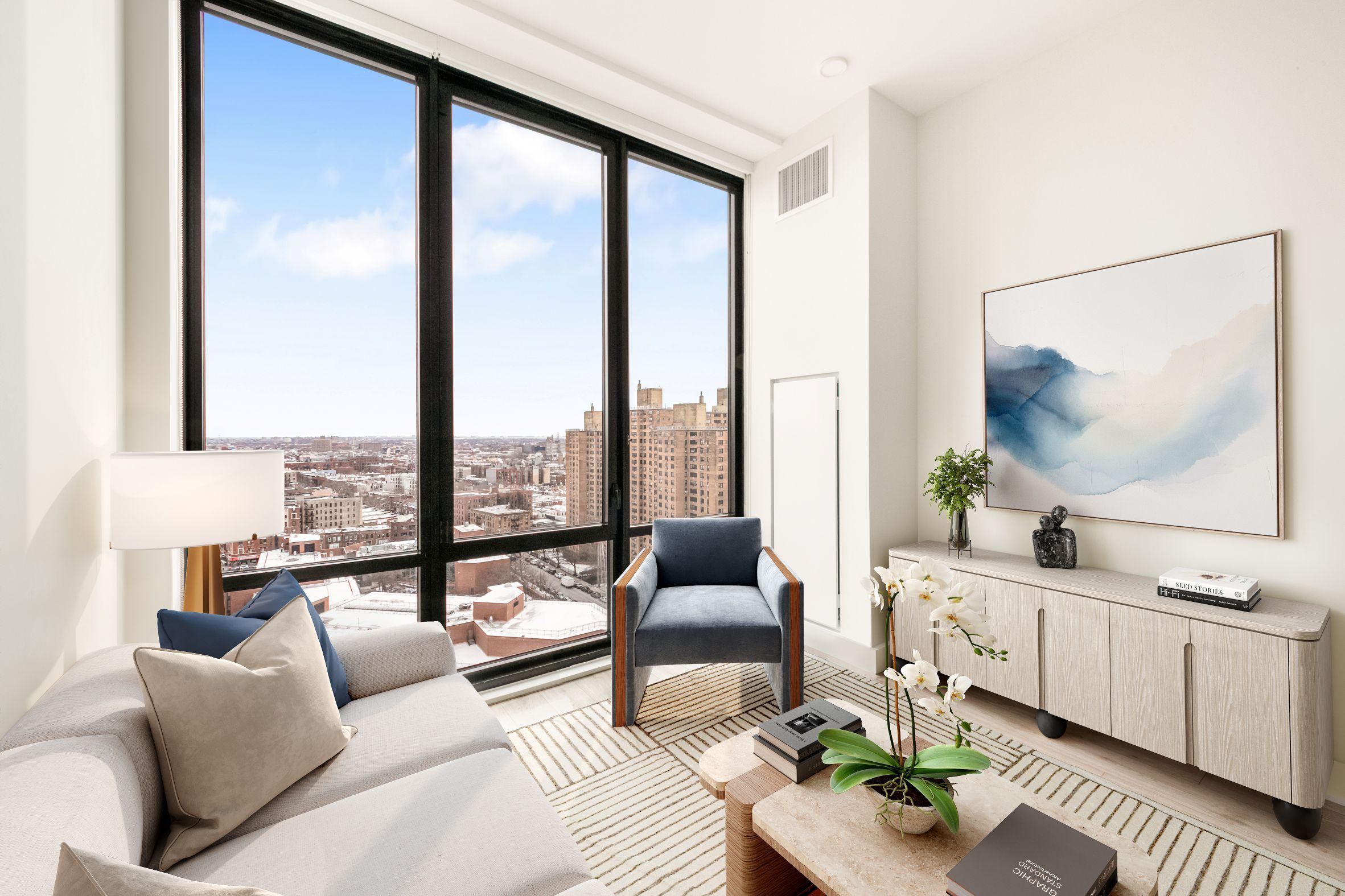 modern living room with floor-to-ceiling windows showcasing the Manhattan skyline at sunset, featuring warm neutral tones, minimalist furniture, and natural textures.