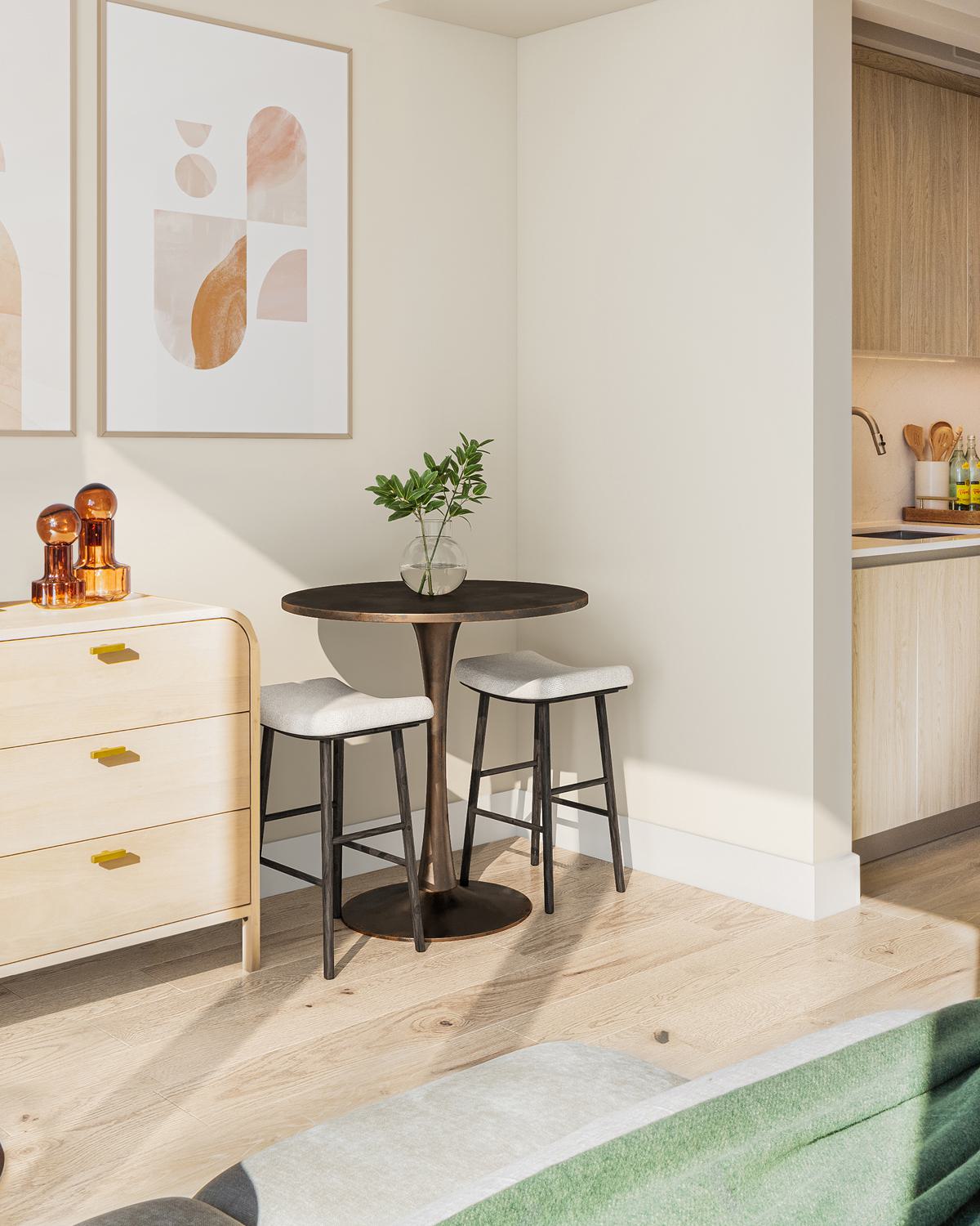 A modern open-concept kitchen and dining area with floor-to-ceiling windows, warm wood accents, sleek furnishings, and a stunning leafy views of prospect park and Manhattan skyline in the distance