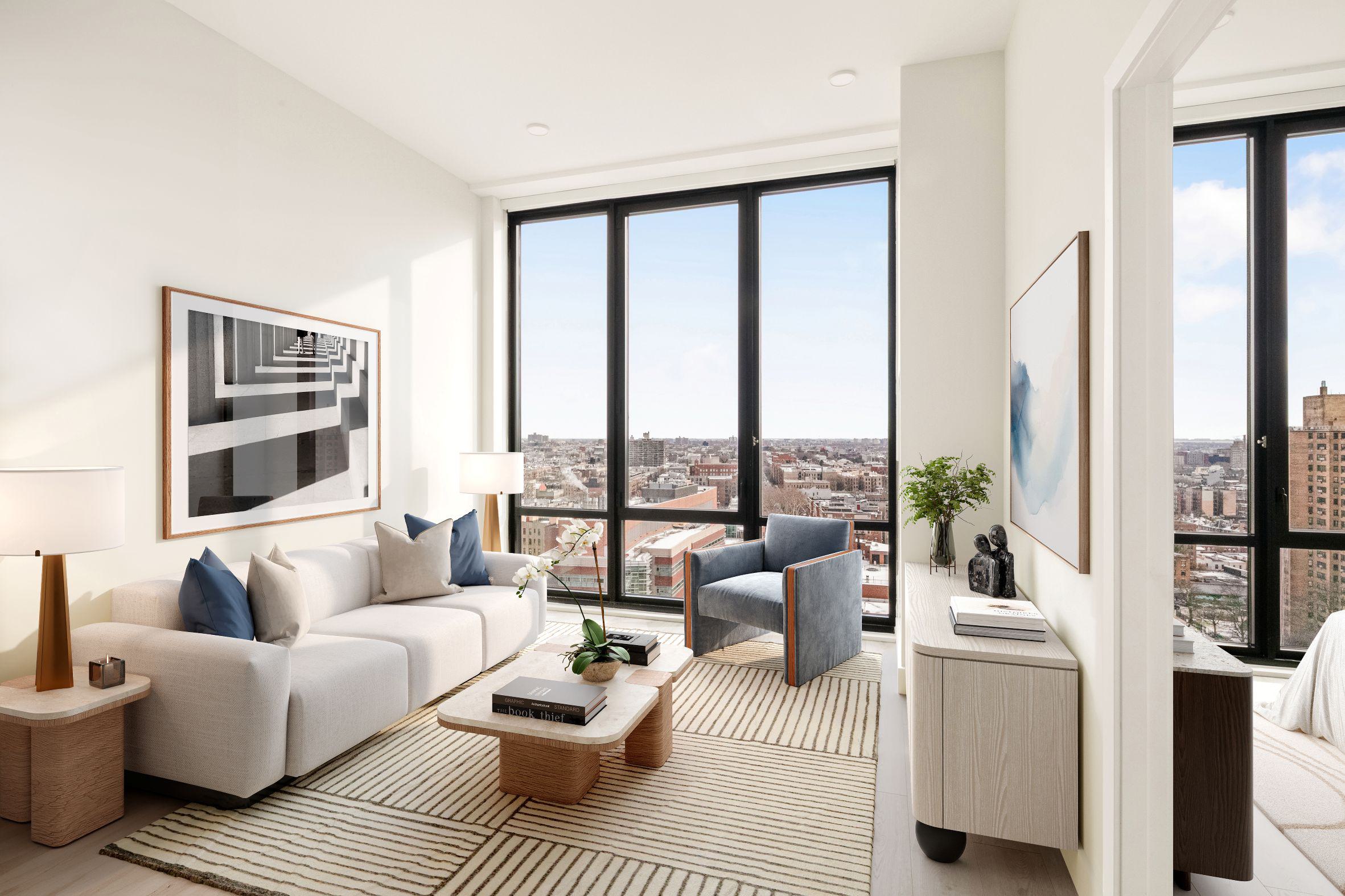 modern open-concept kitchen and dining area with floor-to-ceiling windows, warm wood accents, sleek furnishings, and a stunning city skyline view.