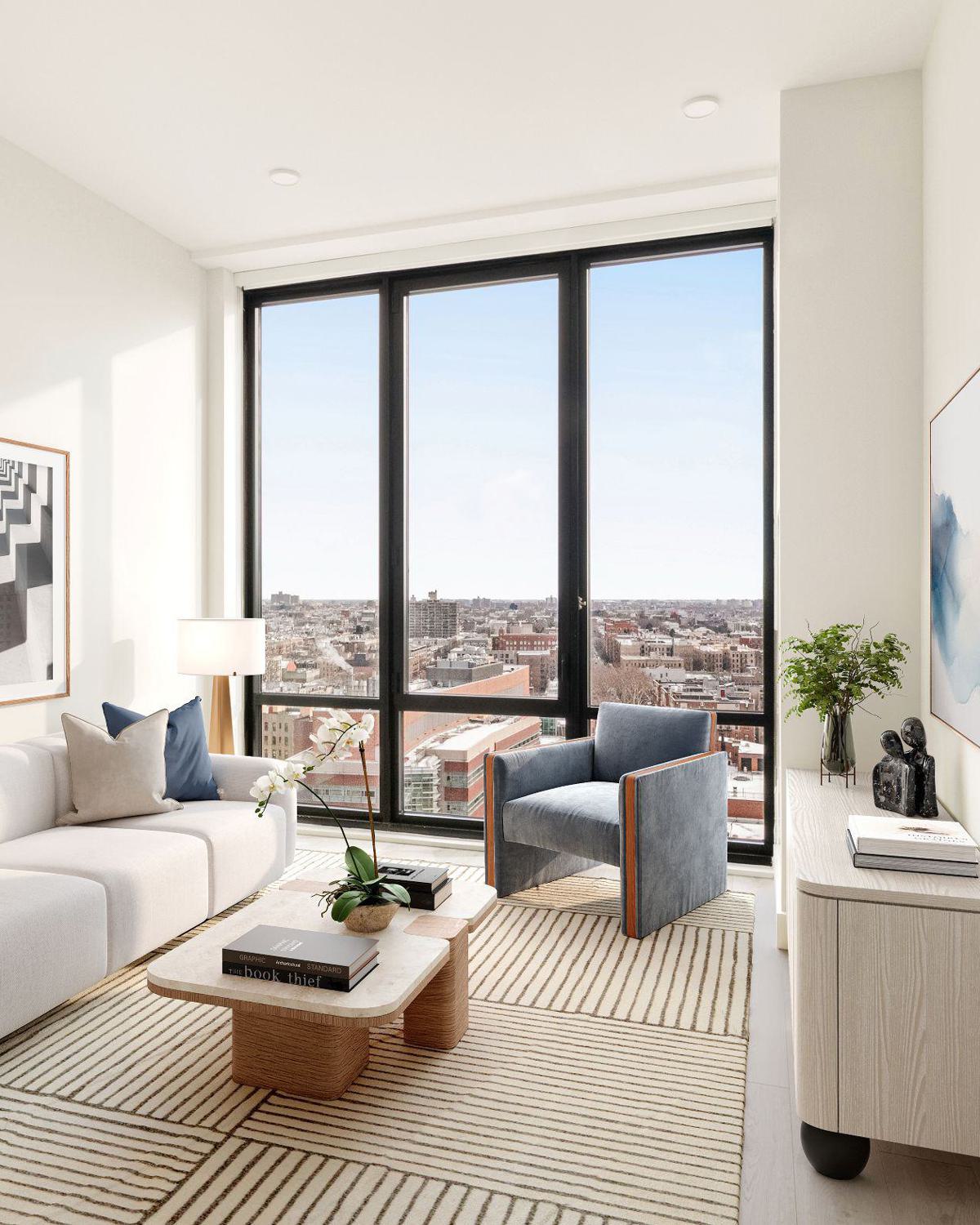 modern open-concept kitchen and dining area with floor-to-ceiling windows, warm wood accents, sleek furnishings, and a stunning city skyline view.