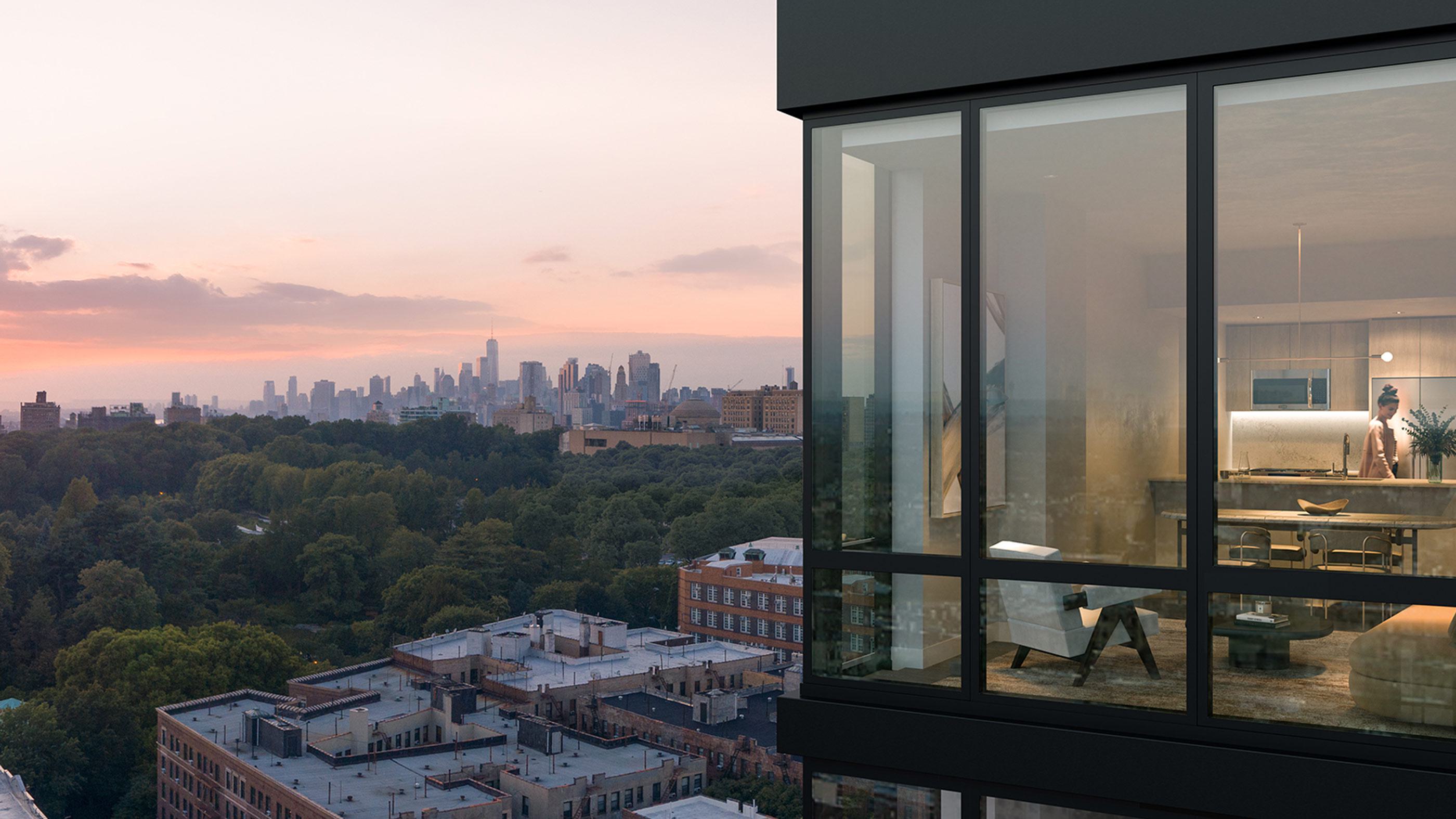 modern penthouse apartment with floor-to-ceiling windows overlooking  lush prospect park and the Manhattan skyline at sunset, showcasing a warmly lit interior