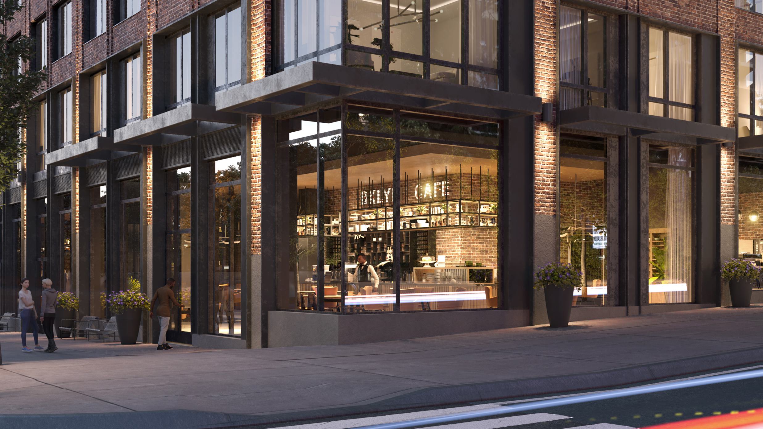 modern brick loden apartment building at dusk in crown heights, featuring large glass windows, ground-level retail spaces, and a warmly lit café, with pedestrians and city lights in motion