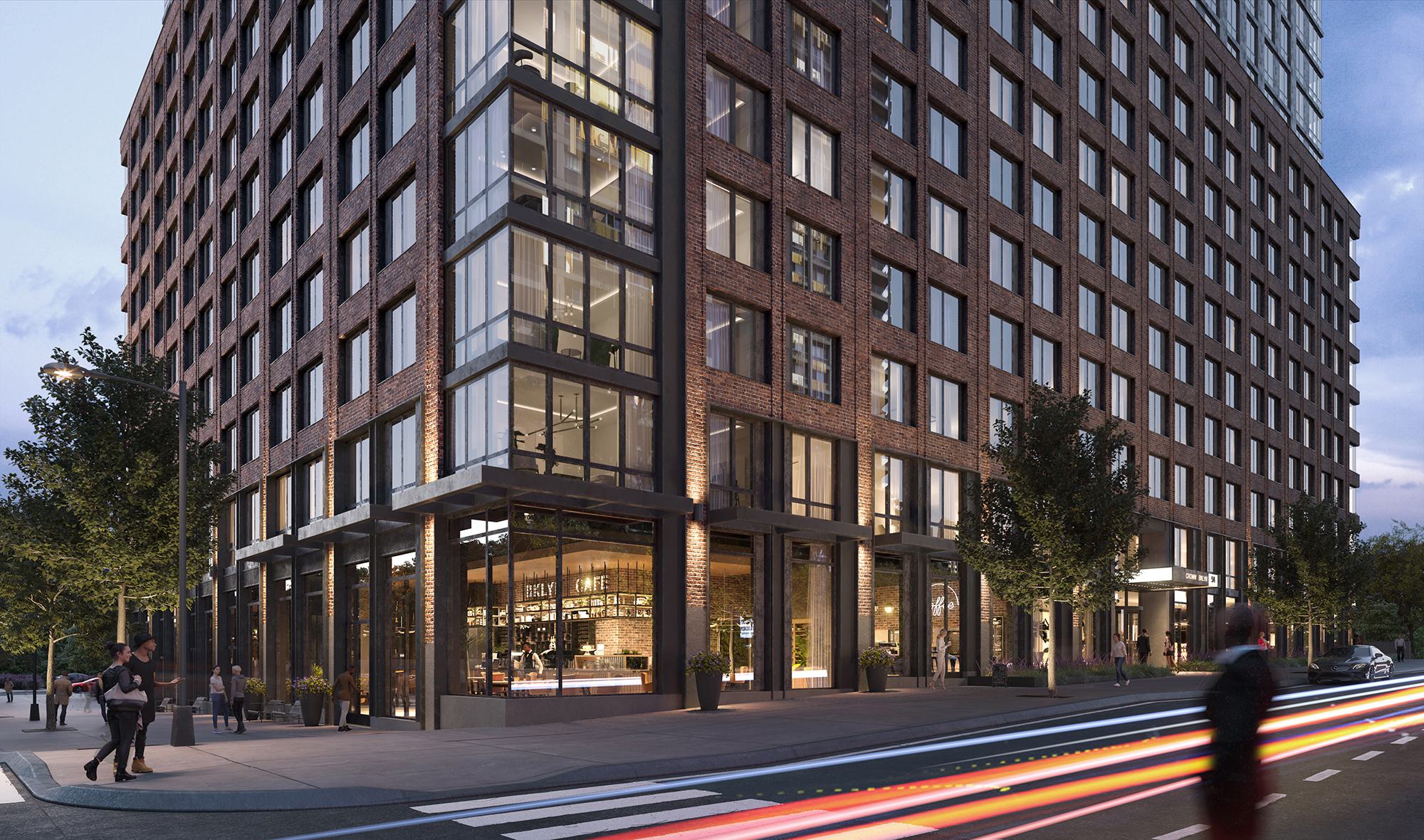 exterior of the new loden apartment building, showcasing attractive modern design and large windows, trees planted on the surrounding sidewalks, ground-floor retail, and understated design profile that fits in with the surrounding neighborhood. 