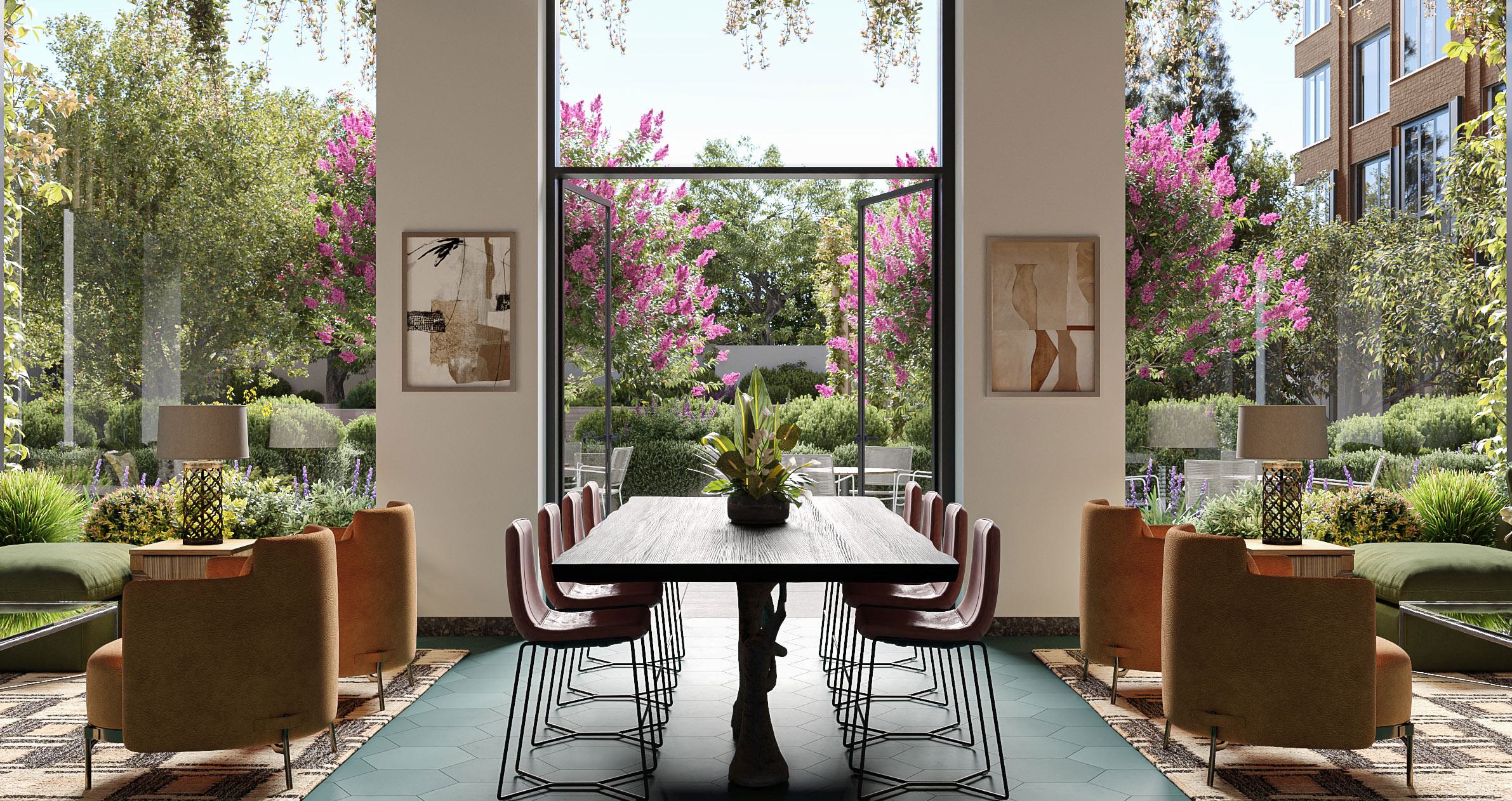 garden room at loden with huge floor to ceiling windows, superb natural light, lush views of flowering trees and plants outside, and thoughtful interior decor with indoor plants and numerous seating options for relaxing and enjoying the space