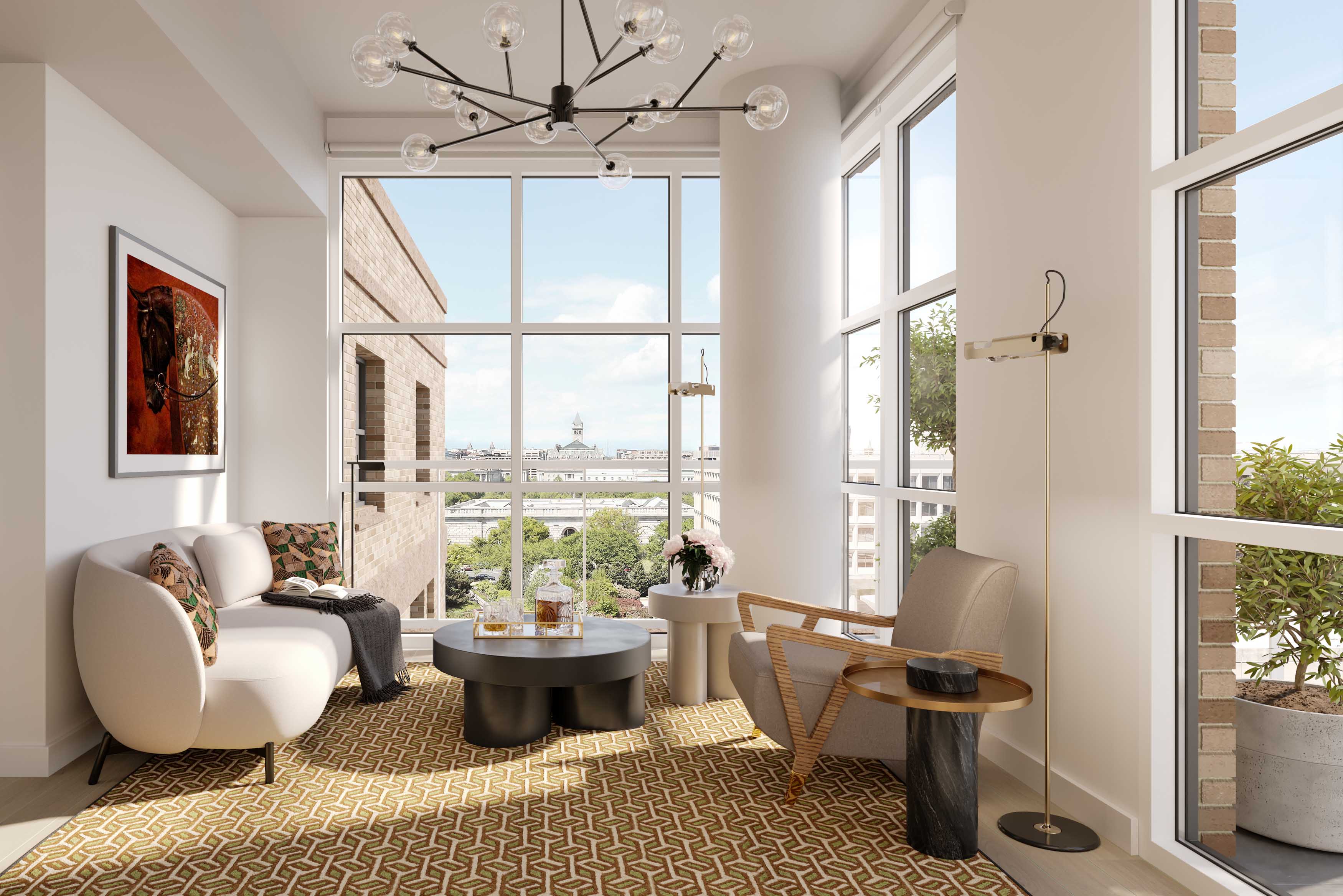 Sunlit corner living space with modern furnishings and floor-to-ceiling windows offering a striking view of the Smithsonian Castle and National Mall from Annex on 12th in Southwest DC.