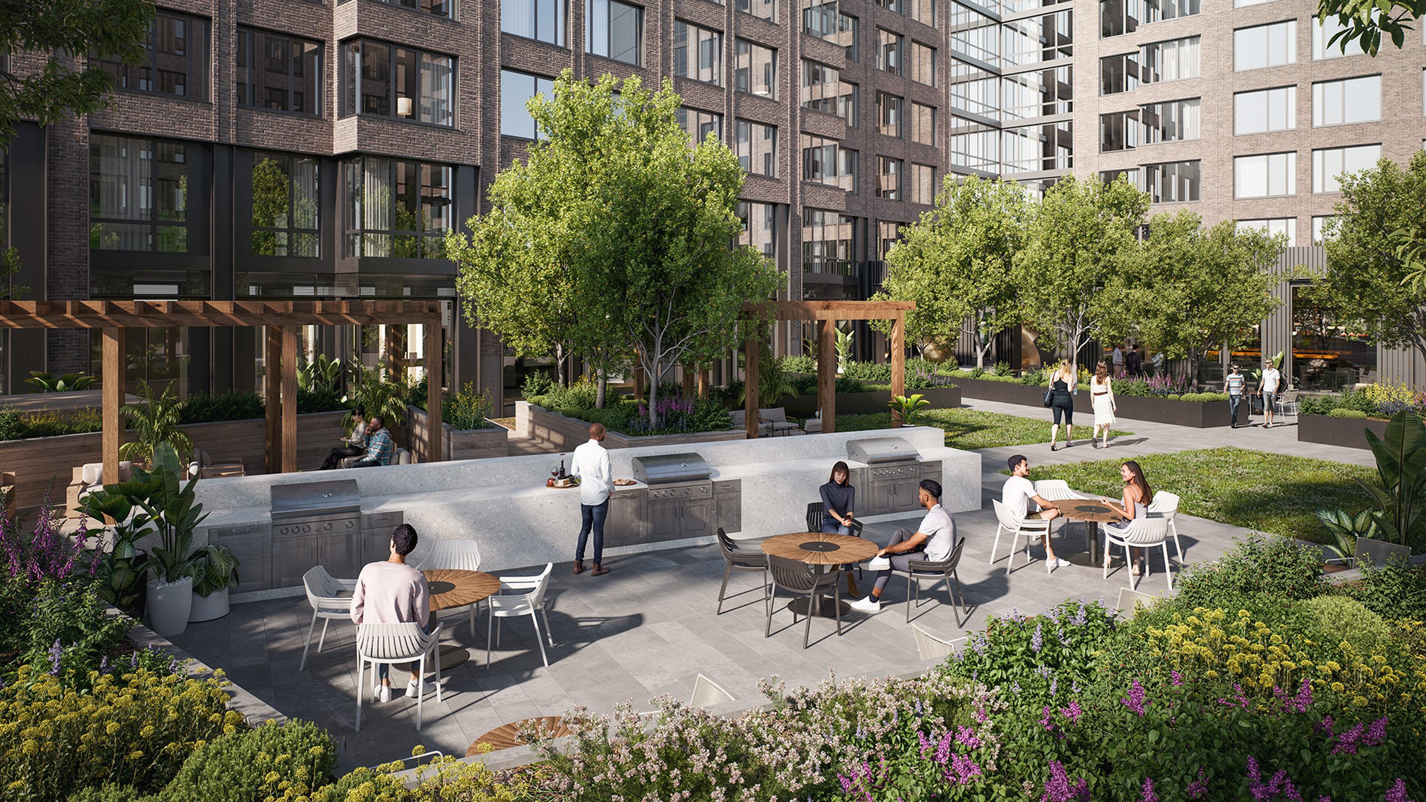 vibrant outdoor courtyard with lush greenery, shaded seating, and grilling stations, surrounded by modern apartment buildings, creating a welcoming community space.