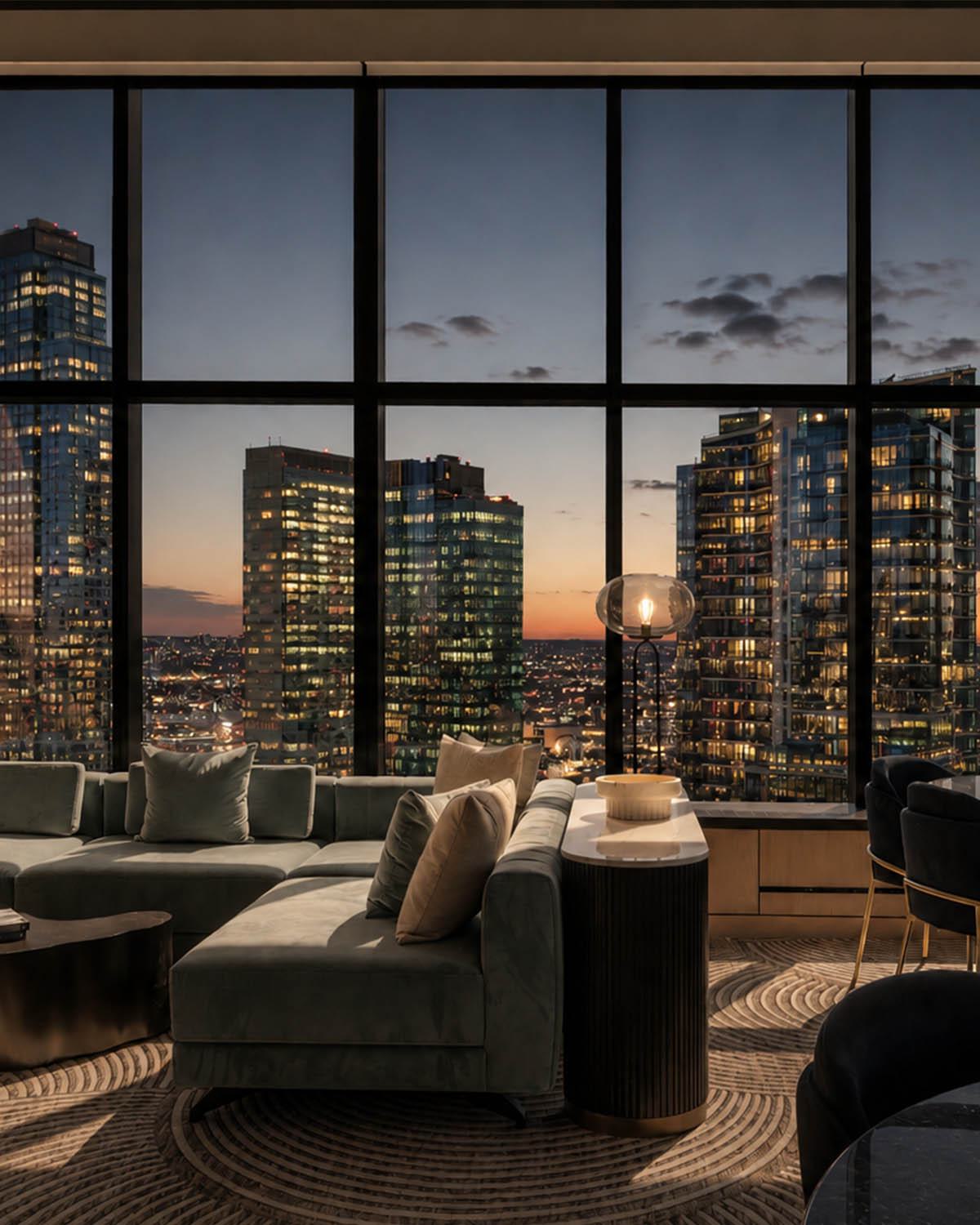 luxurious rooftop terrace features stylish pergola-covered seating, ambient candle lighting, lush greenery, and breathtaking panoramic views of the Manhattan skyline at dusk.