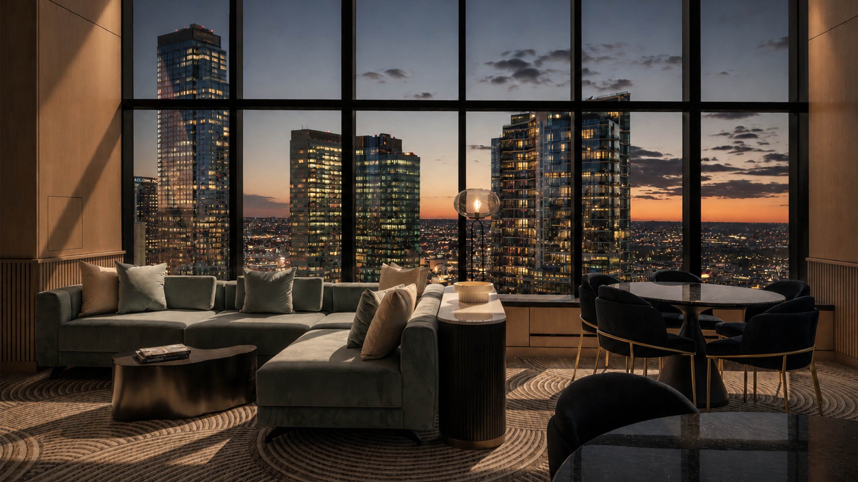 luxurious rooftop terrace features stylish pergola-covered seating, ambient candle lighting, lush greenery, and breathtaking panoramic views of the Manhattan skyline at dusk.
