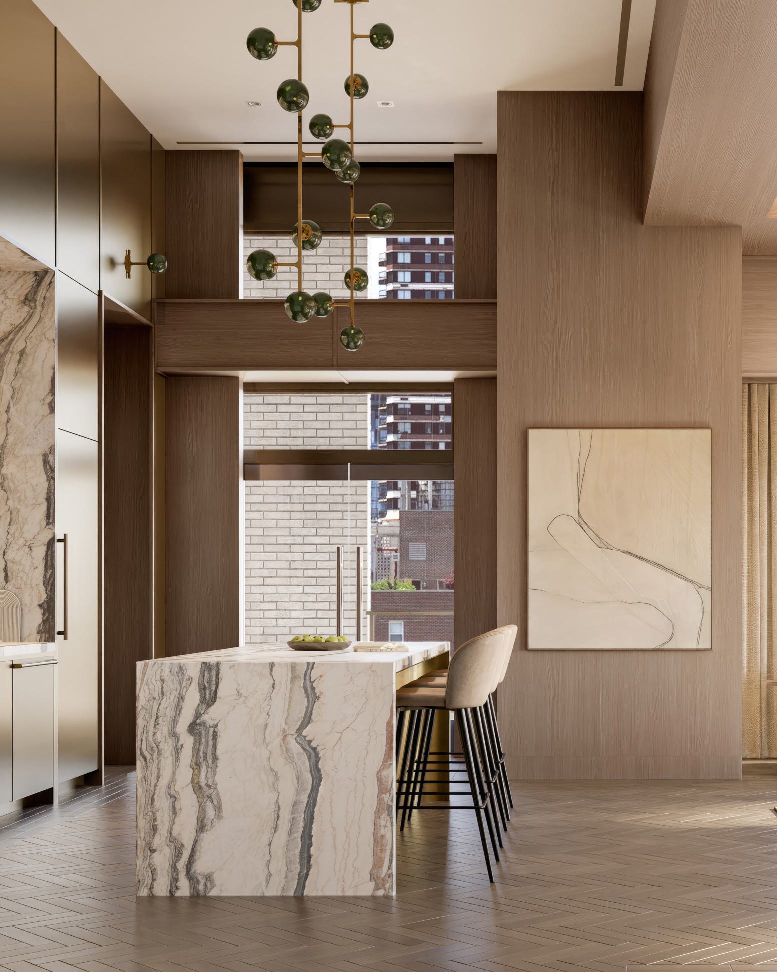 A refined lounge and dining space at Maison 78 featuring a striking waterfall marble island, brass fixtures, herringbone flooring, contemporary globe chandeliers with green glass accents, and large windows framing views of Manhattan architecture. Upholstered chairs and soft wood tones add warmth to the sophisticated interior.