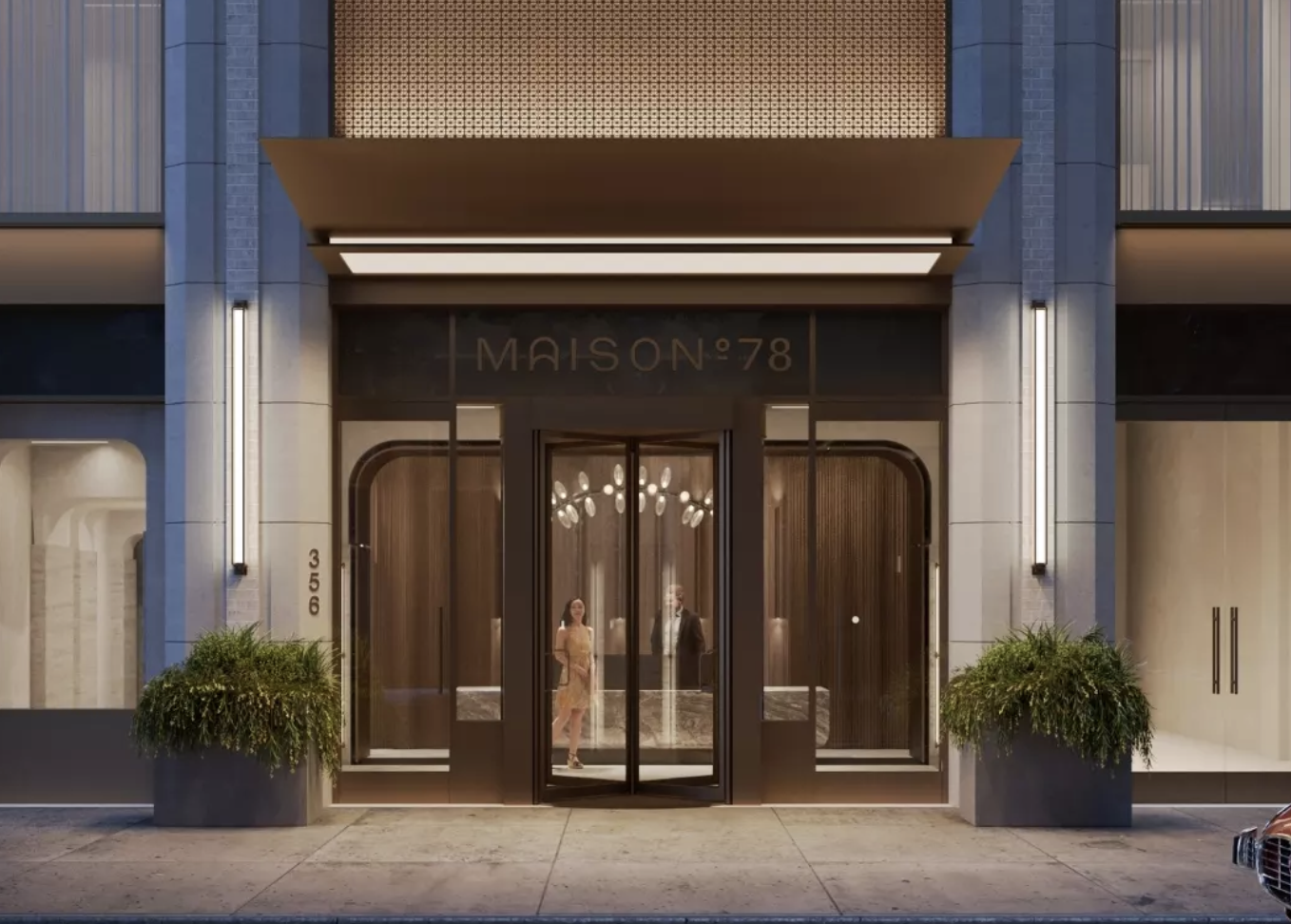 exterior of maison 78 amidst other upper east side tall buildings and blue sky