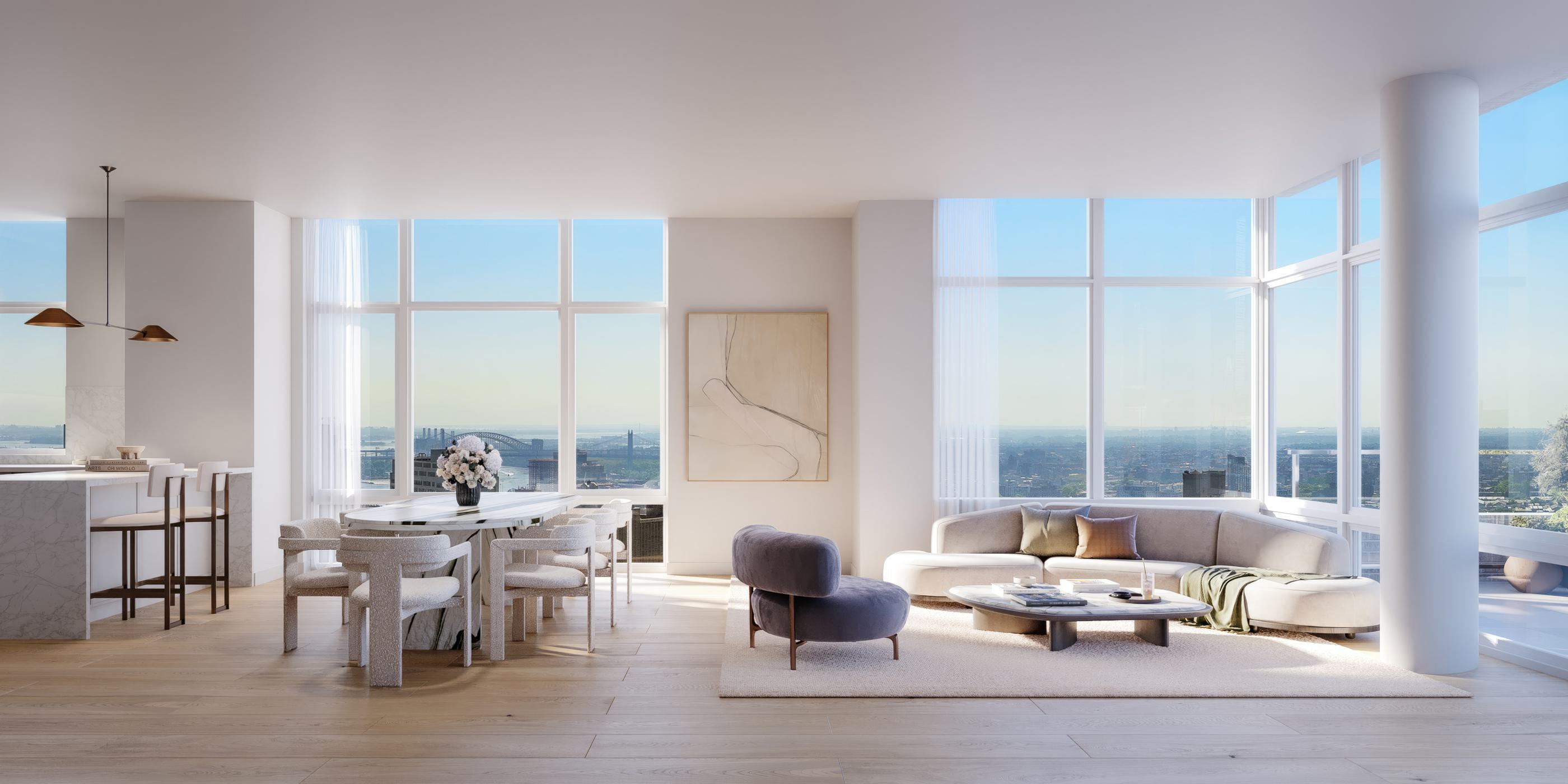 A luxurious UES penthouse living space at Maison 78 with floor-to-ceiling windows offering expansive views of Manhattan and the East River. The interior features a marble kitchen island, sculptural dining chairs, a soft curved sectional sofa, and minimalist modern décor in a neutral palette.