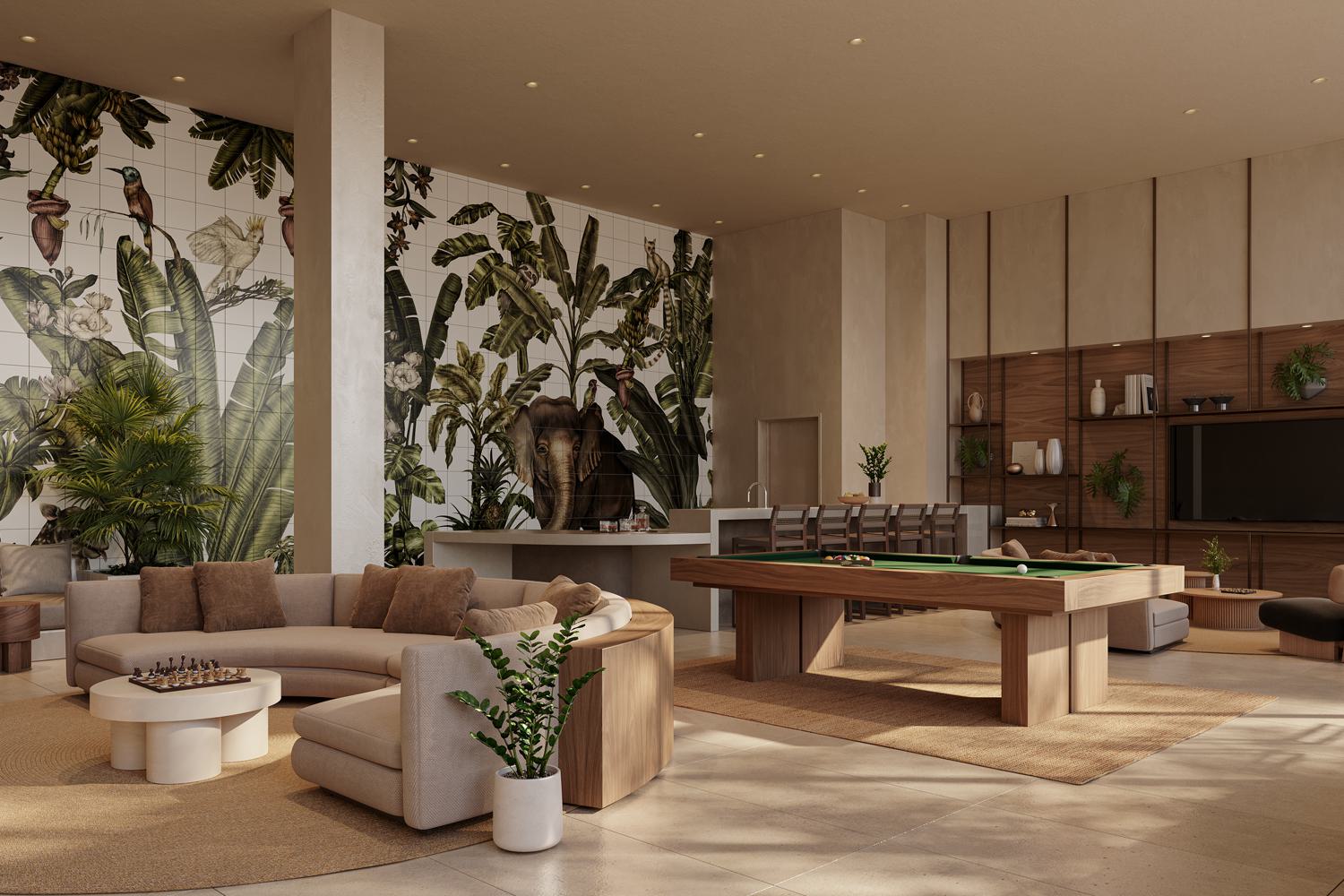 lounge featuring a tropical mural, plush seating, a billiards table, and warm wood accents, creating a relaxed yet sophisticated atmosphere.