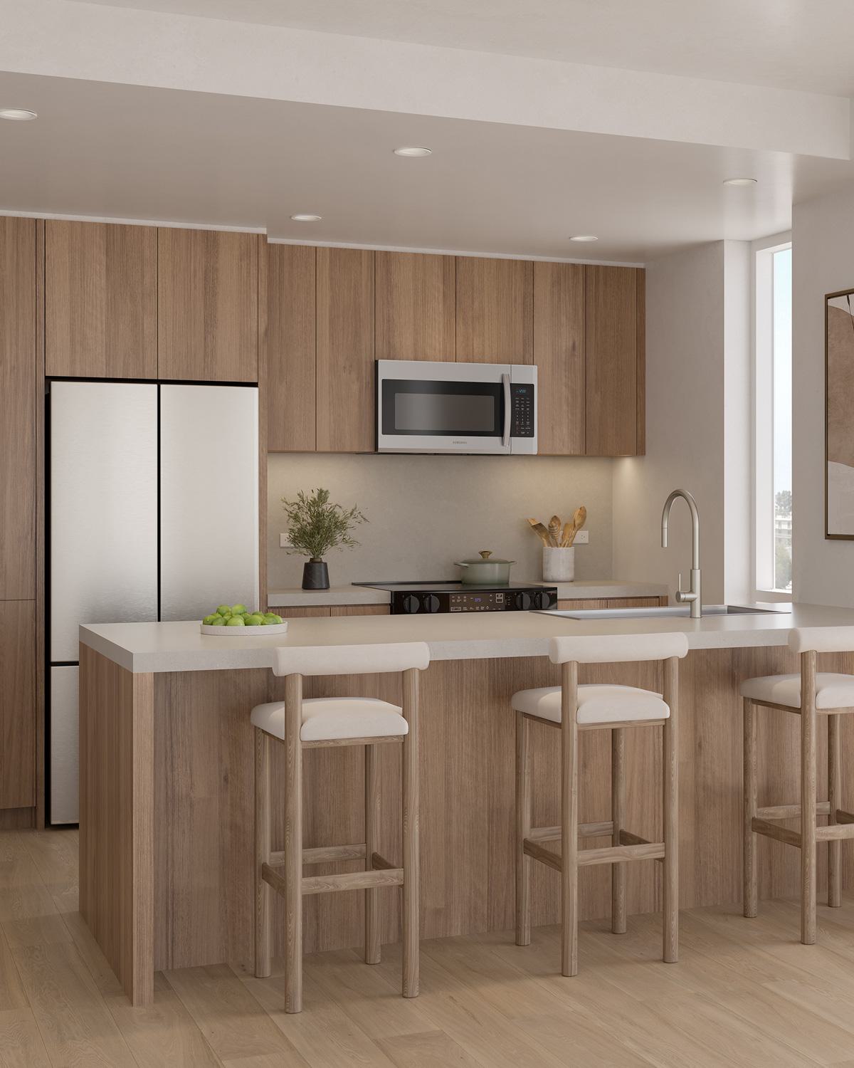 stylish resident lounge with warm earthy tones, plush seating, terracotta pendant lighting, and large windows that bring in natural light and greenery.