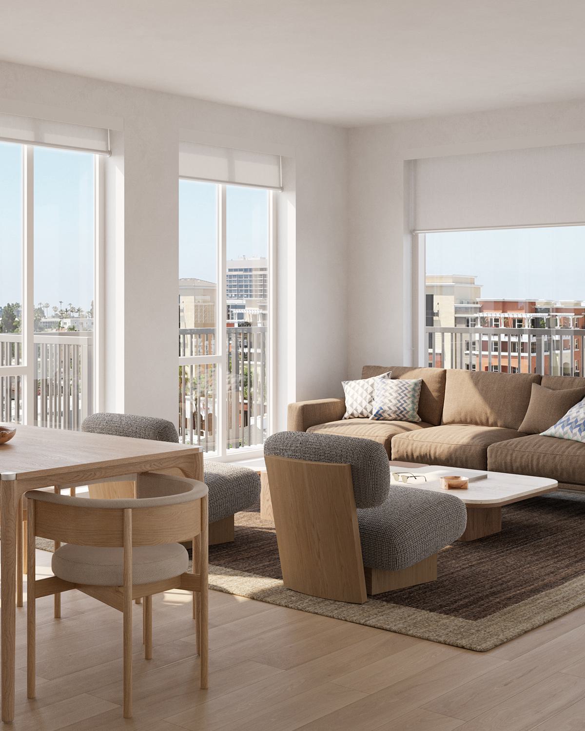 Spacious modern living and dining area with huge, oversized windows showcasing panoramic Hillcrest views and abundant natural light.