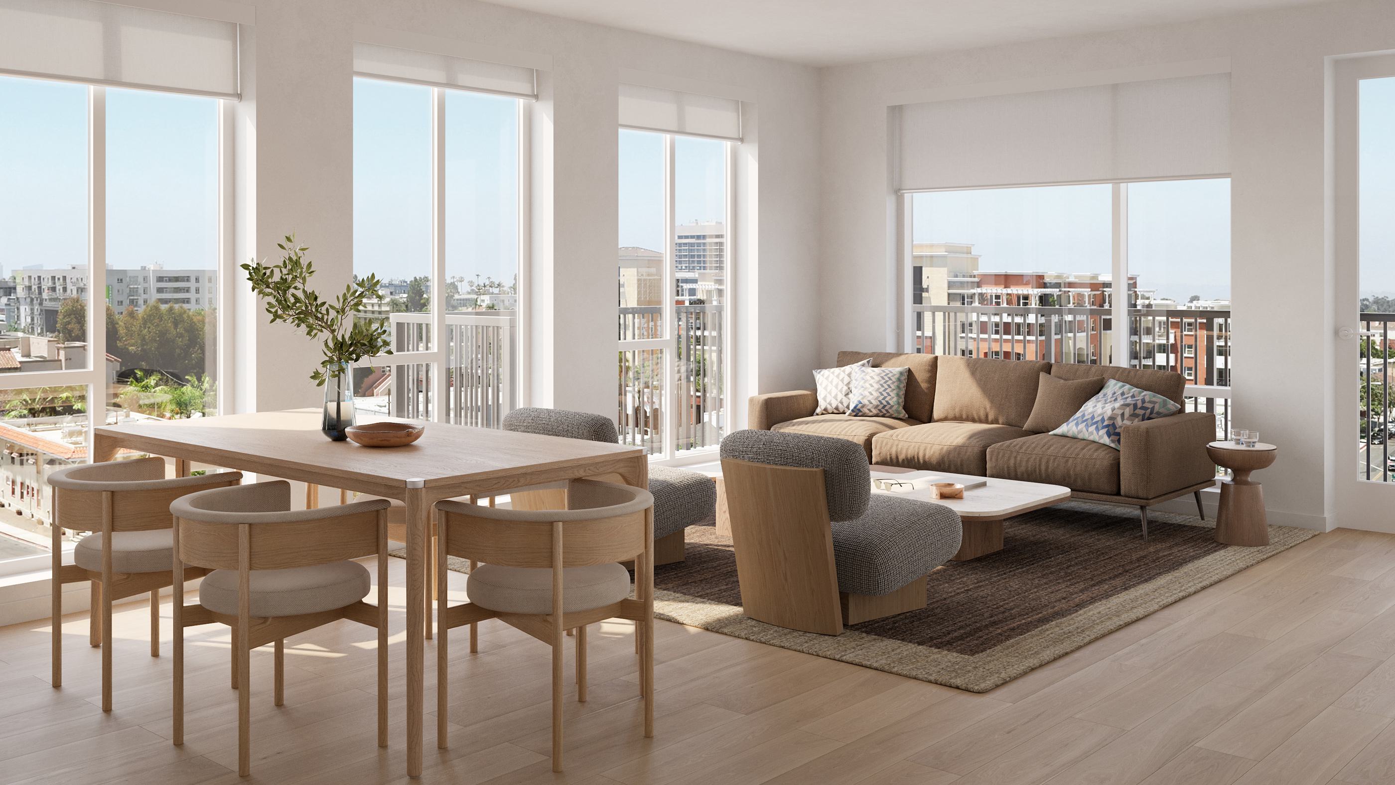 Spacious modern living and dining area with huge, oversized windows showcasing panoramic Hillcrest views and abundant natural light.