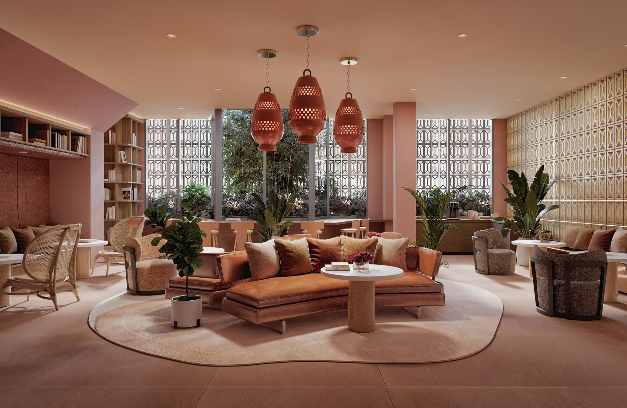 A modern lobby lounge with soft pink and terracotta tones, featuring a curved leather sofa, round stone tables, woven chairs, and textured walls. Large geometric windows bring in natural light, while hanging terracotta lanterns and lush potted plants add warmth and greenery.