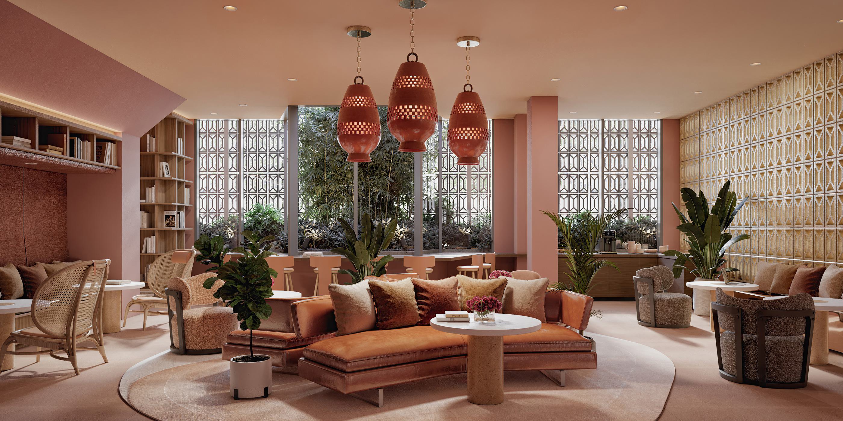 bright and modern apartment living room with floor-to-ceiling windows, a neutral-toned dining and seating area, and a warm, minimalist aesthetic overlooking San Diego skyline.