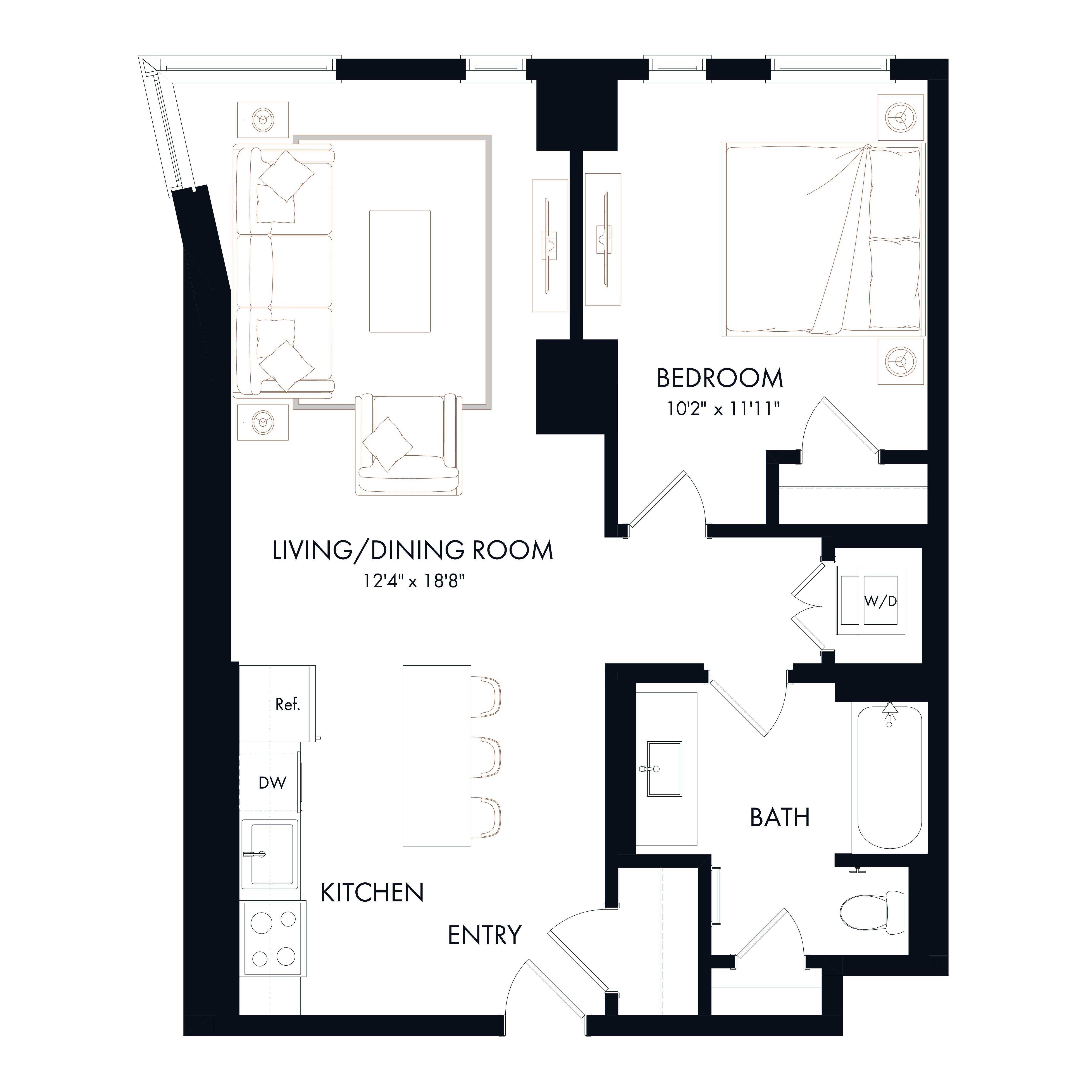 A2 | 1 Bed | 1 Bath diagram