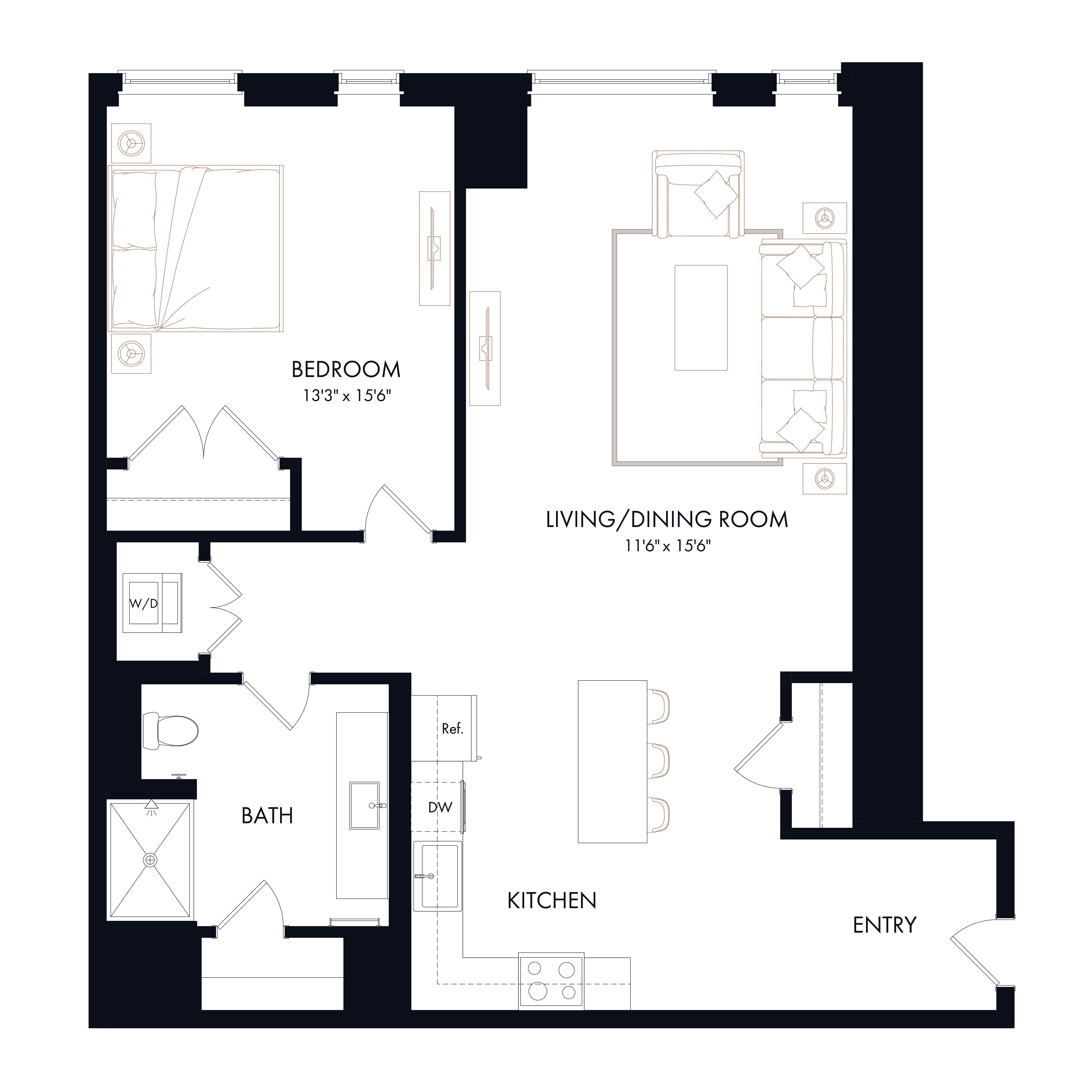 A3 | 1 Bed | 1 Bath diagram