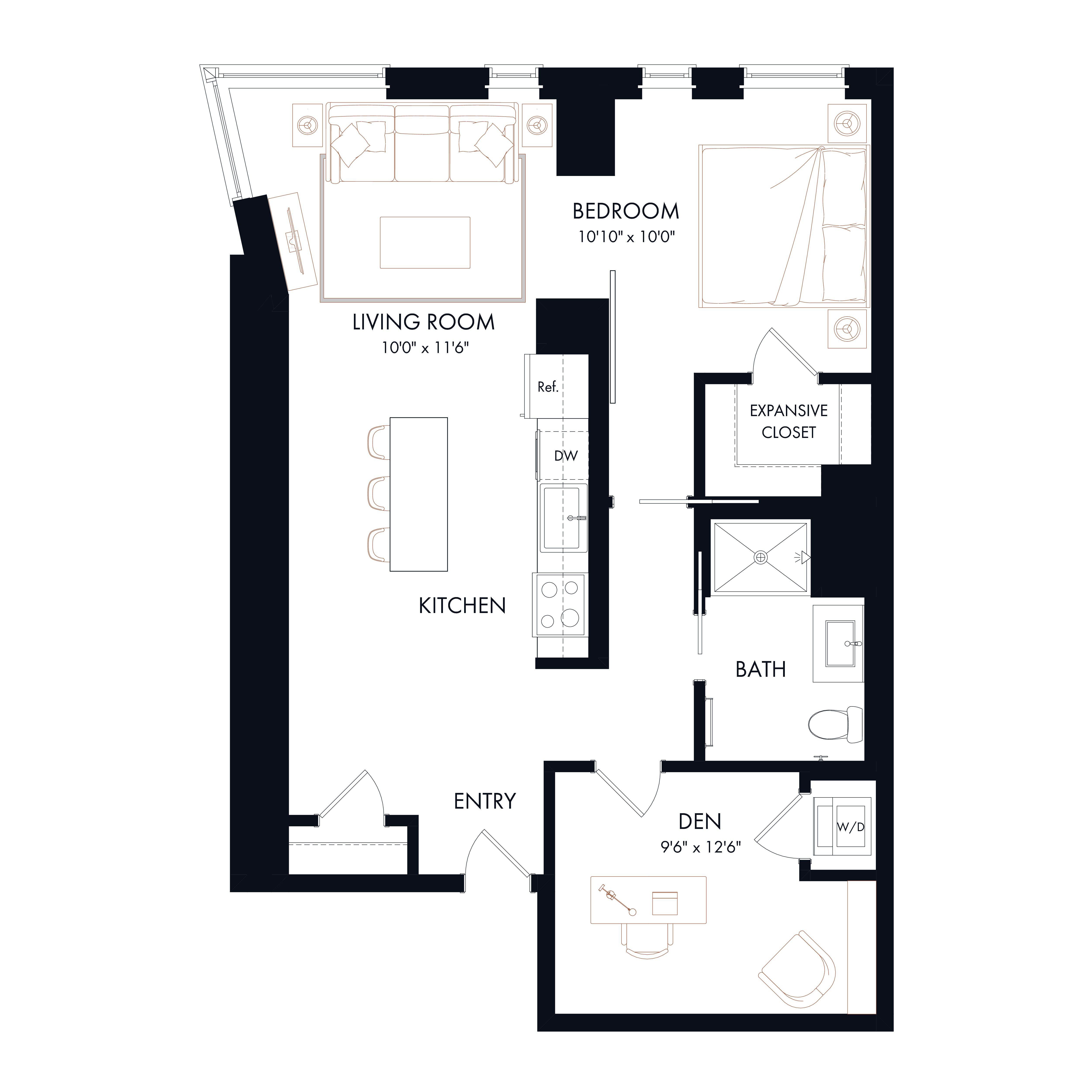 AD1 | 1 Bed | 1 Bath | Den diagram