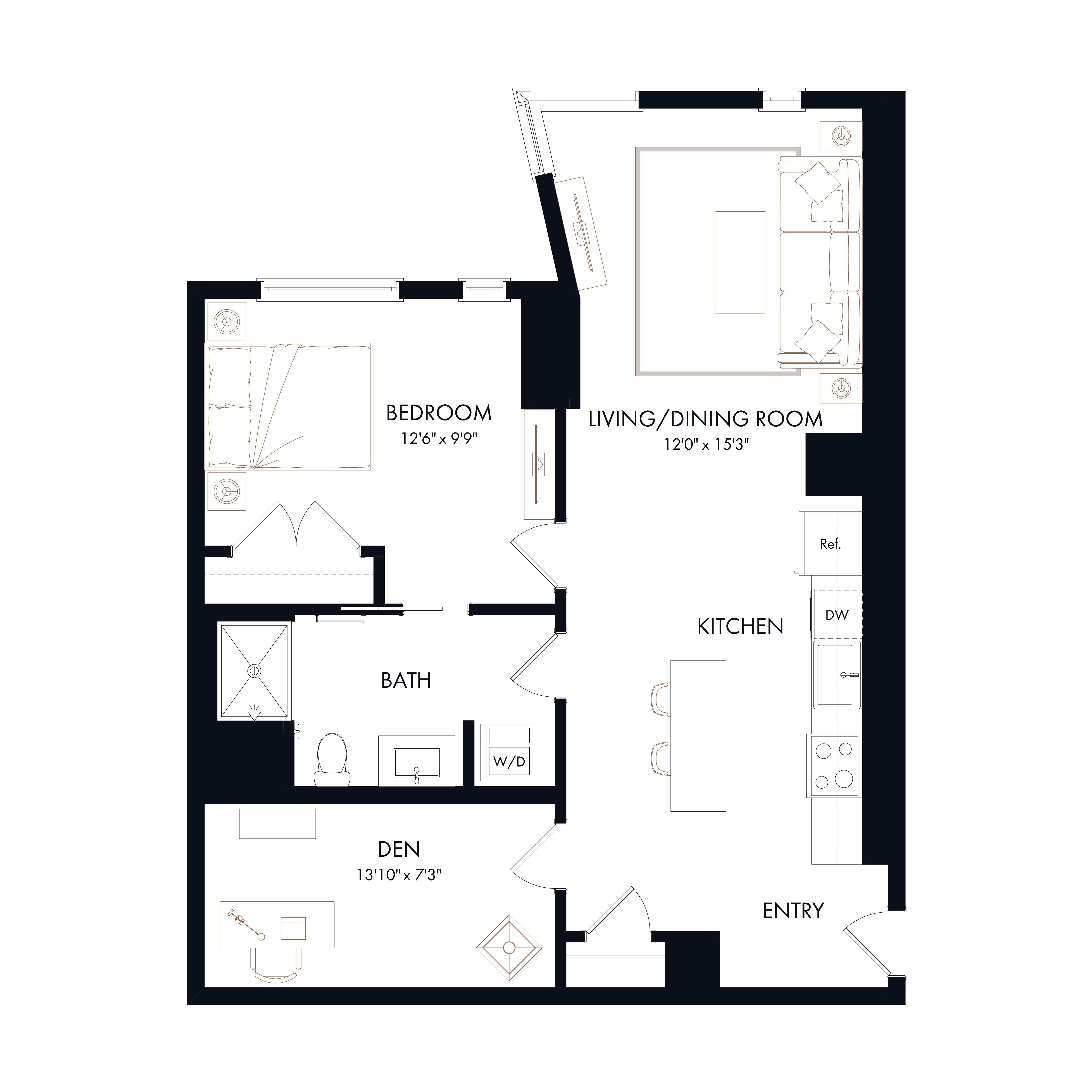AD3 | 1 Bed | 1 Bath | Den diagram