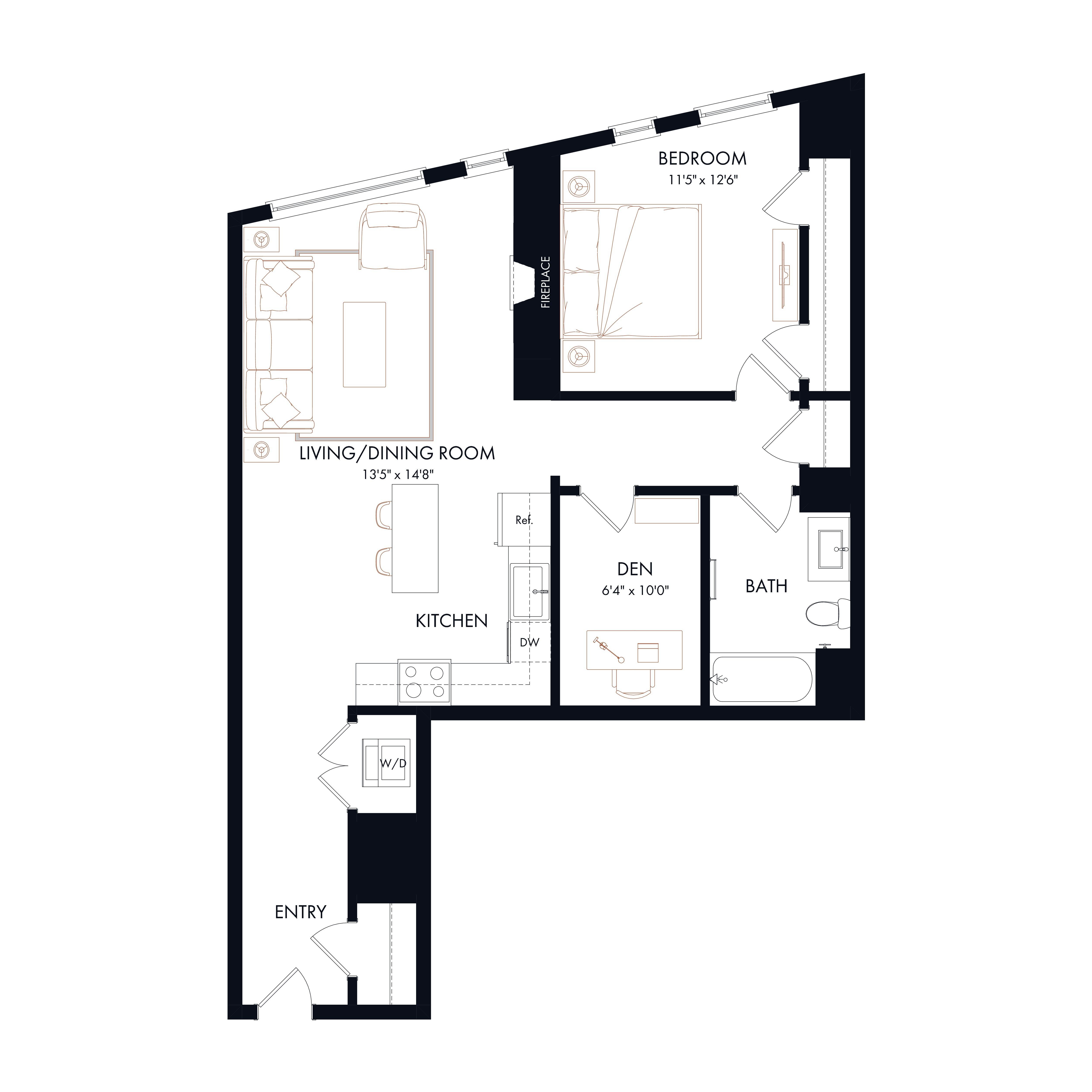 AD5 | 1 Bed | 1 Bath | Den diagram