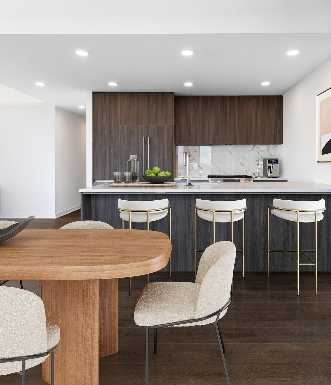 An elegant open-concept living space with a modern kitchen, cozy seating area, and a wood dining table set beside floor-to-ceiling windows.