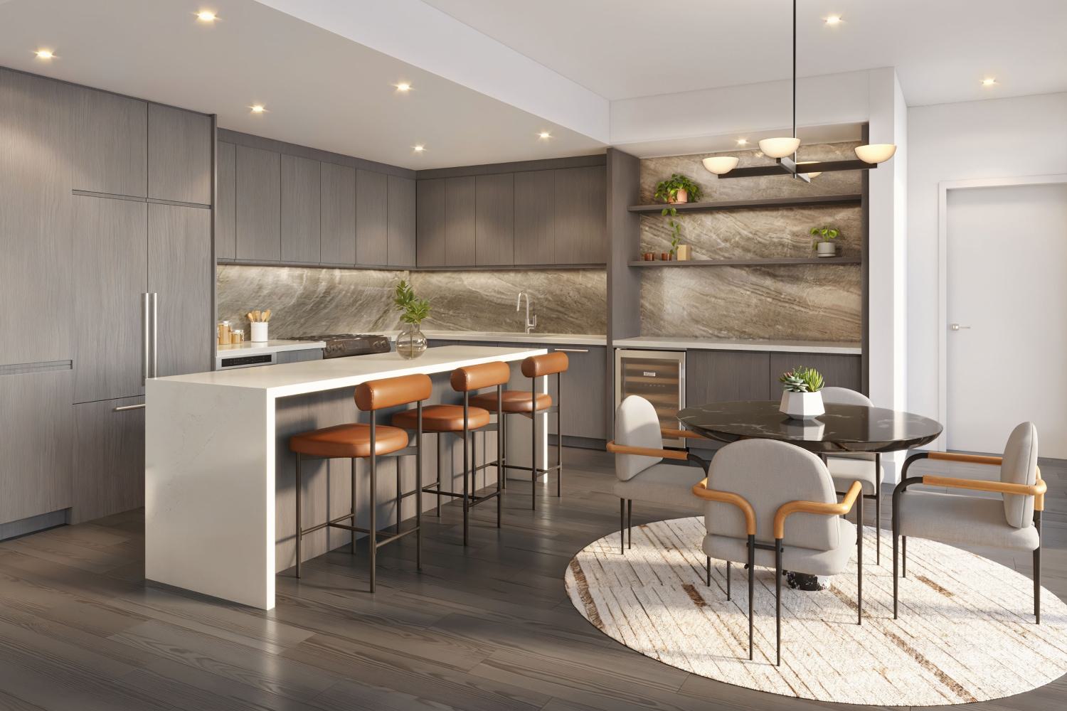 contemporary penthouse kitchen and dining area featuring light wood cabinetry, a marble waterfall island with leather barstools, and a cozy breakfast nook with upholstered chairs.