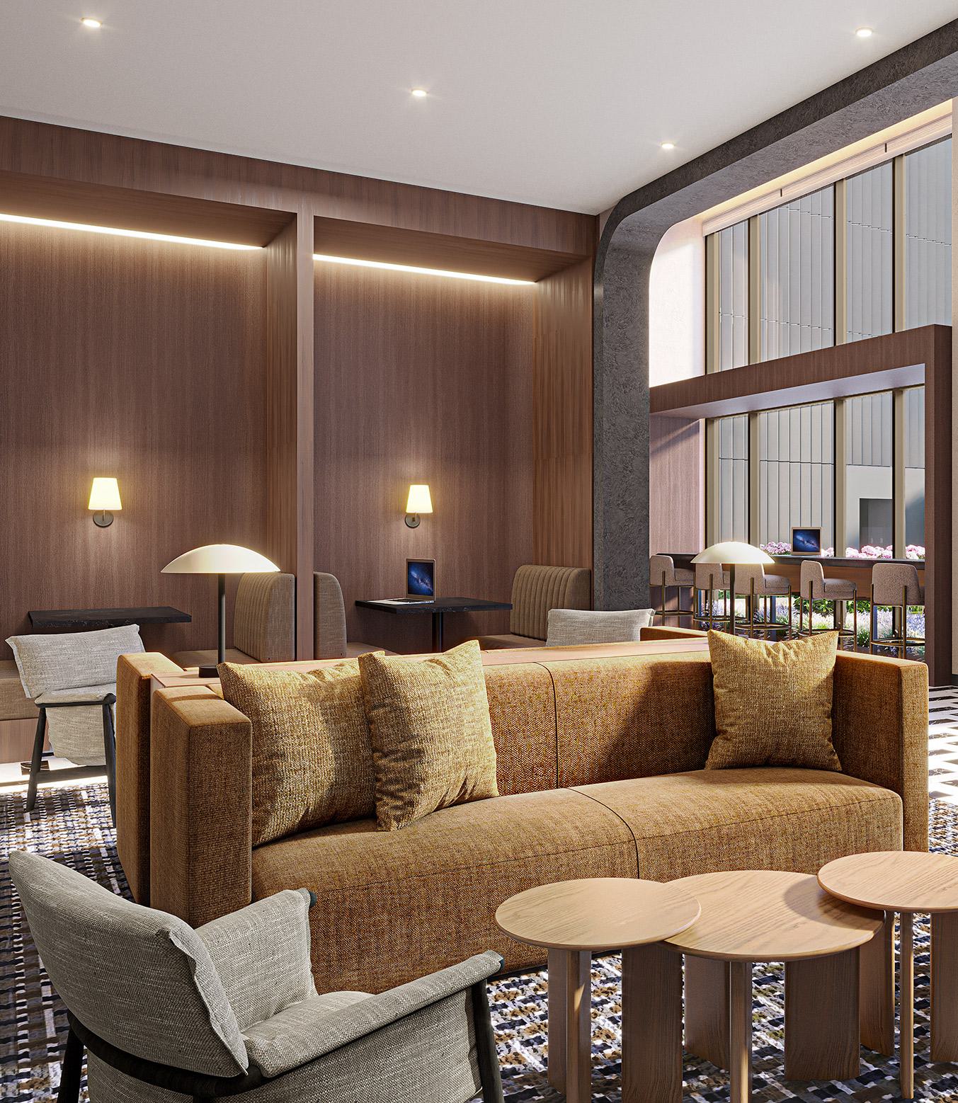 Sophisticated coworking lounge at Zephyr in Woodley Park, DC, featuring floor-to-ceiling windows that bring in natural light and views of the landscaped surroundings.