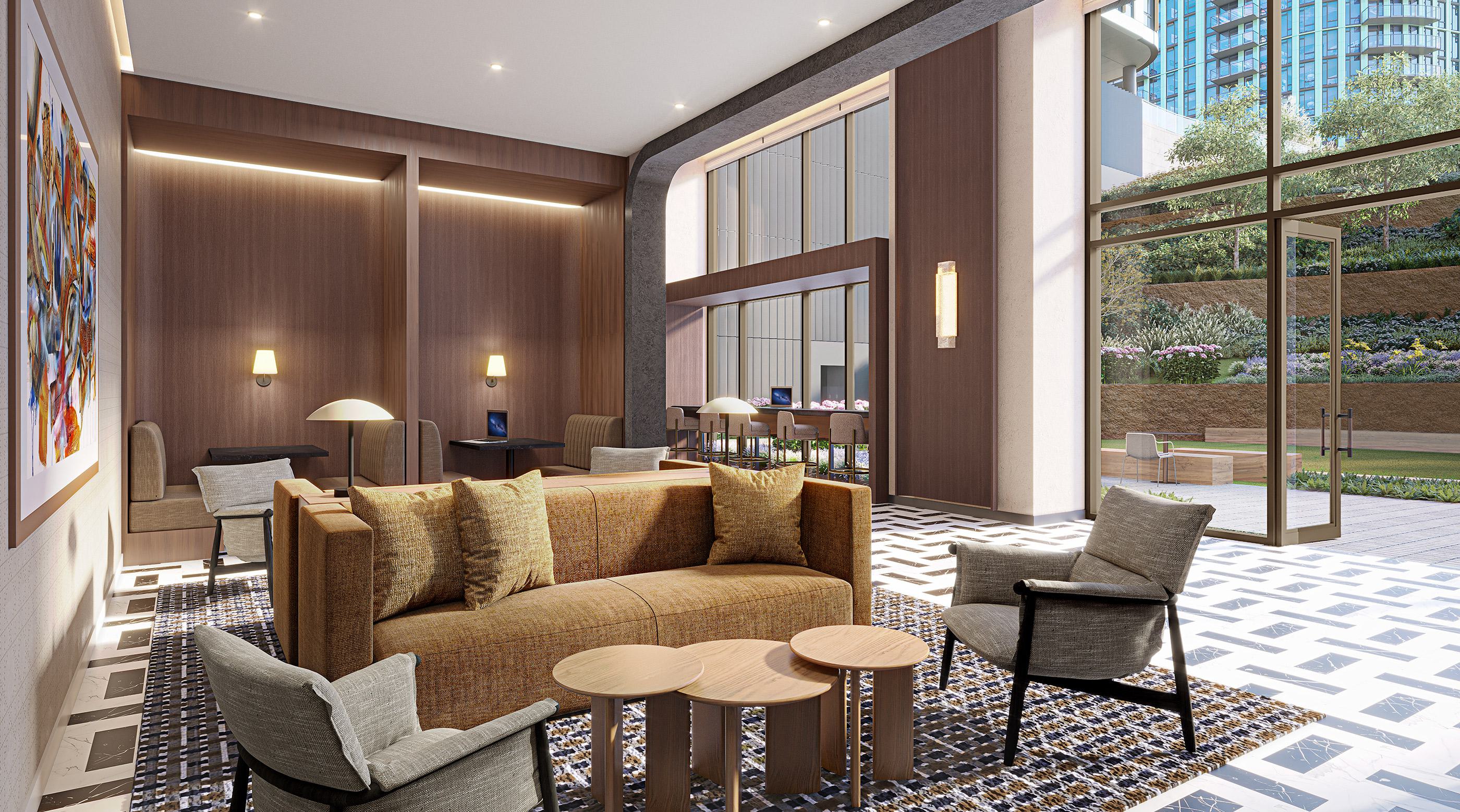 Sophisticated coworking lounge at Zephyr in Woodley Park, DC, featuring floor-to-ceiling windows that bring in natural light and views of the landscaped surroundings.